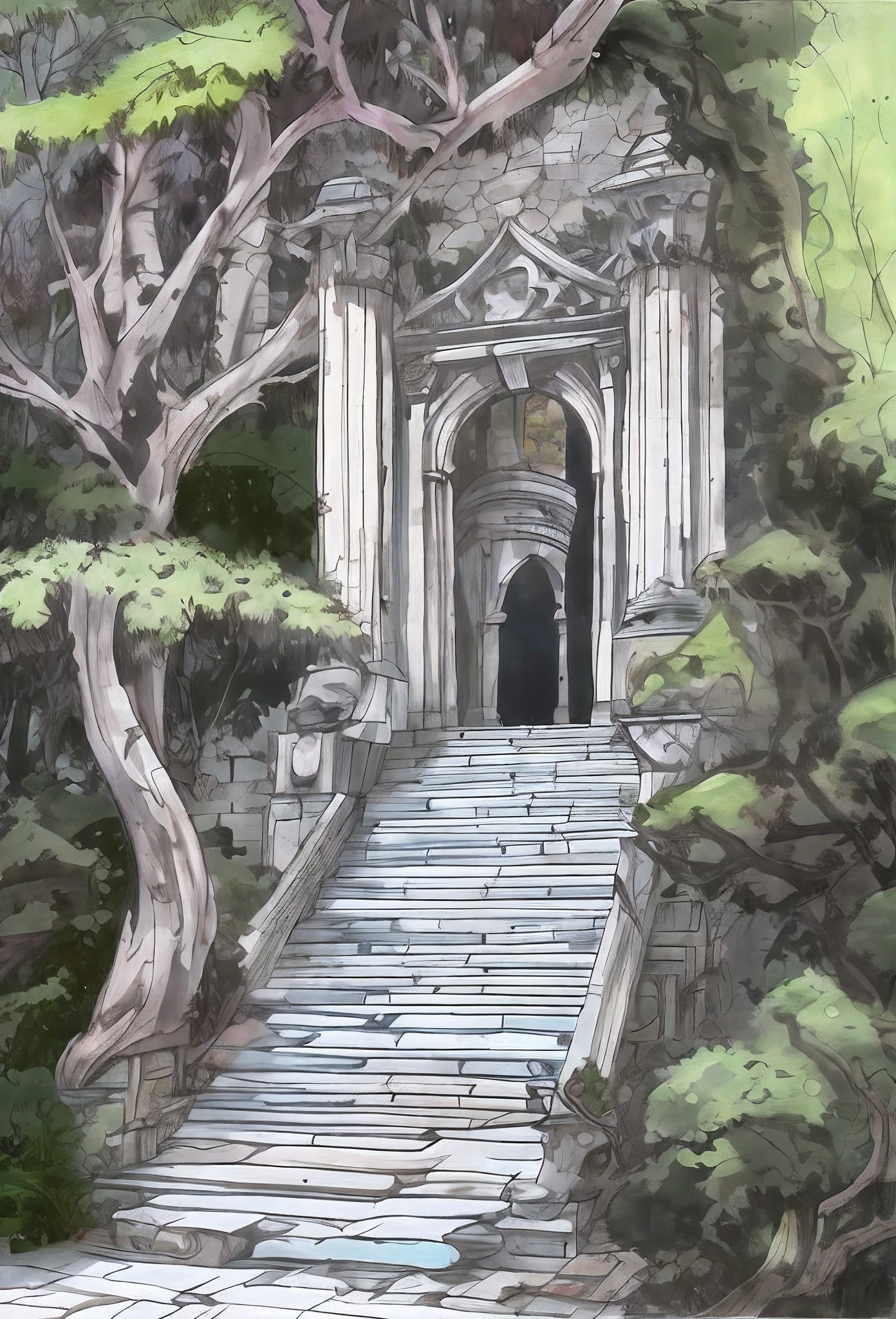 Drawings of stone construction，A tree grows on it, secret overgrown temple, ancient magical overgrown ruins, ancient ruins in the forest, ancient overgrown ruins, ancient overgrown! 废墟, entrance to ethereal realm, mysterious temple setting, entrance to an ancient dungeon, background depicting a temple, overgrown ruins, background is the ruins