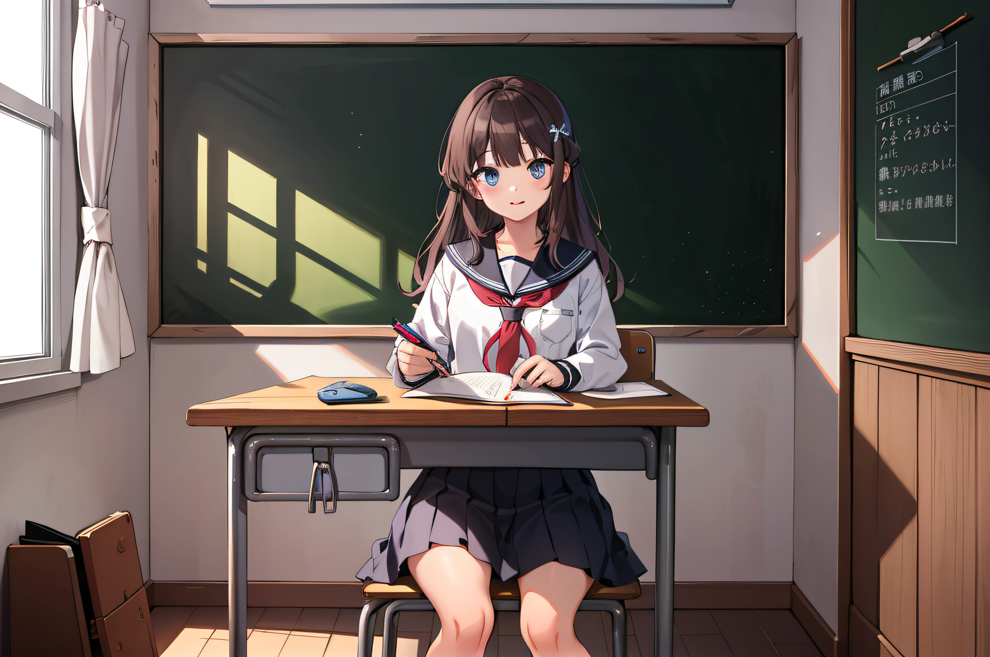 school classrooms、desk、chalk board、Chair、(8k、RAW Photos、Photorealsitic)、high-level image quality、​masterpiece、top-quality、hight resolution、girl with、soio、hi-school girl、校服、‎Classroom、Girl sitting on chair and studying at desk、sketching、study、write、notebook、Beautie、cute little