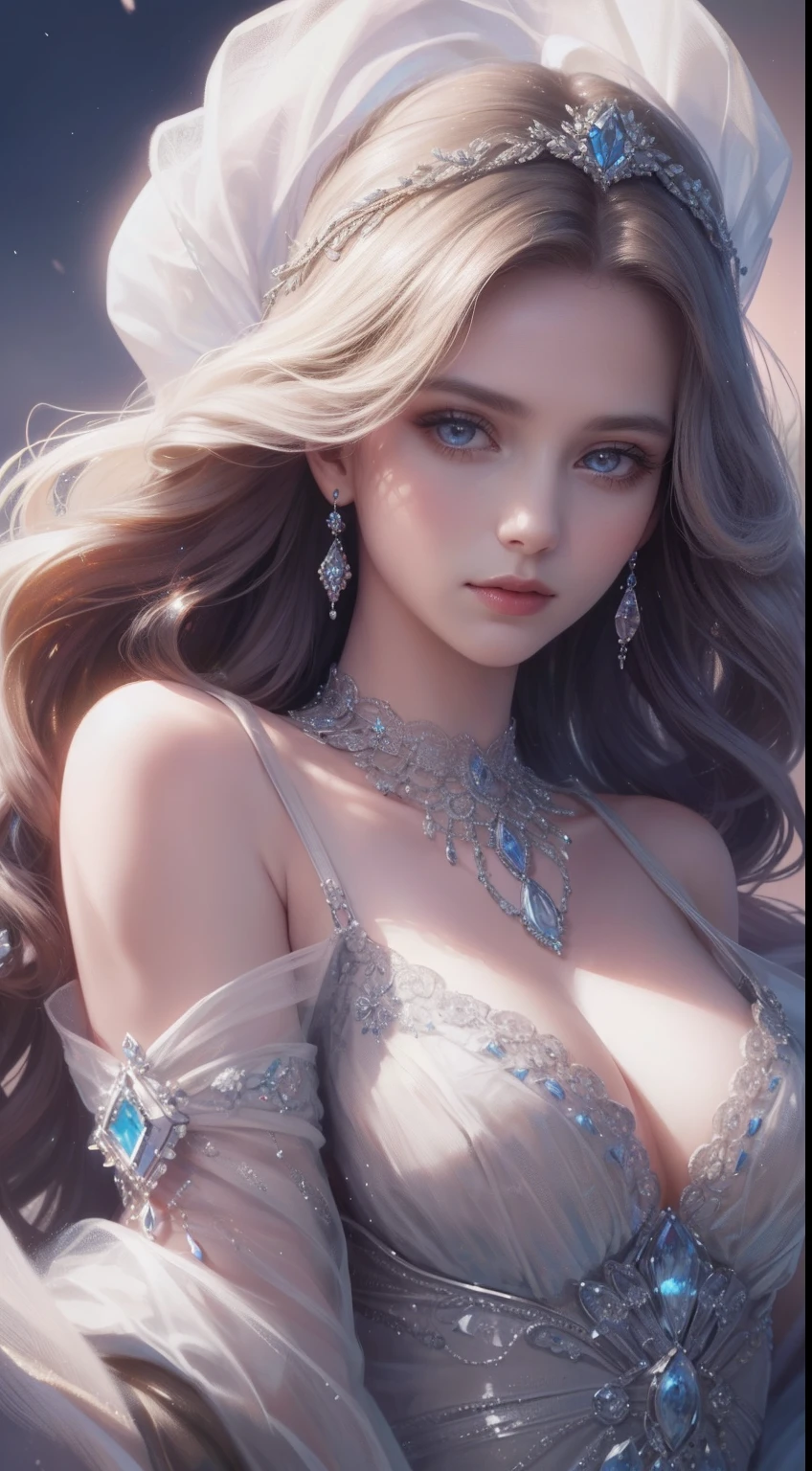 tmasterpiece，Highest high resolution，A bust of a beautiful royal maiden，Delicate braided hair，Coiled hair，Shining clear eyes，The hair is covered with beautiful and delicate floral craftsmanship, crystal、Diamond jewelry filigree，Ultra-detailed details，upscaled，softlighting。