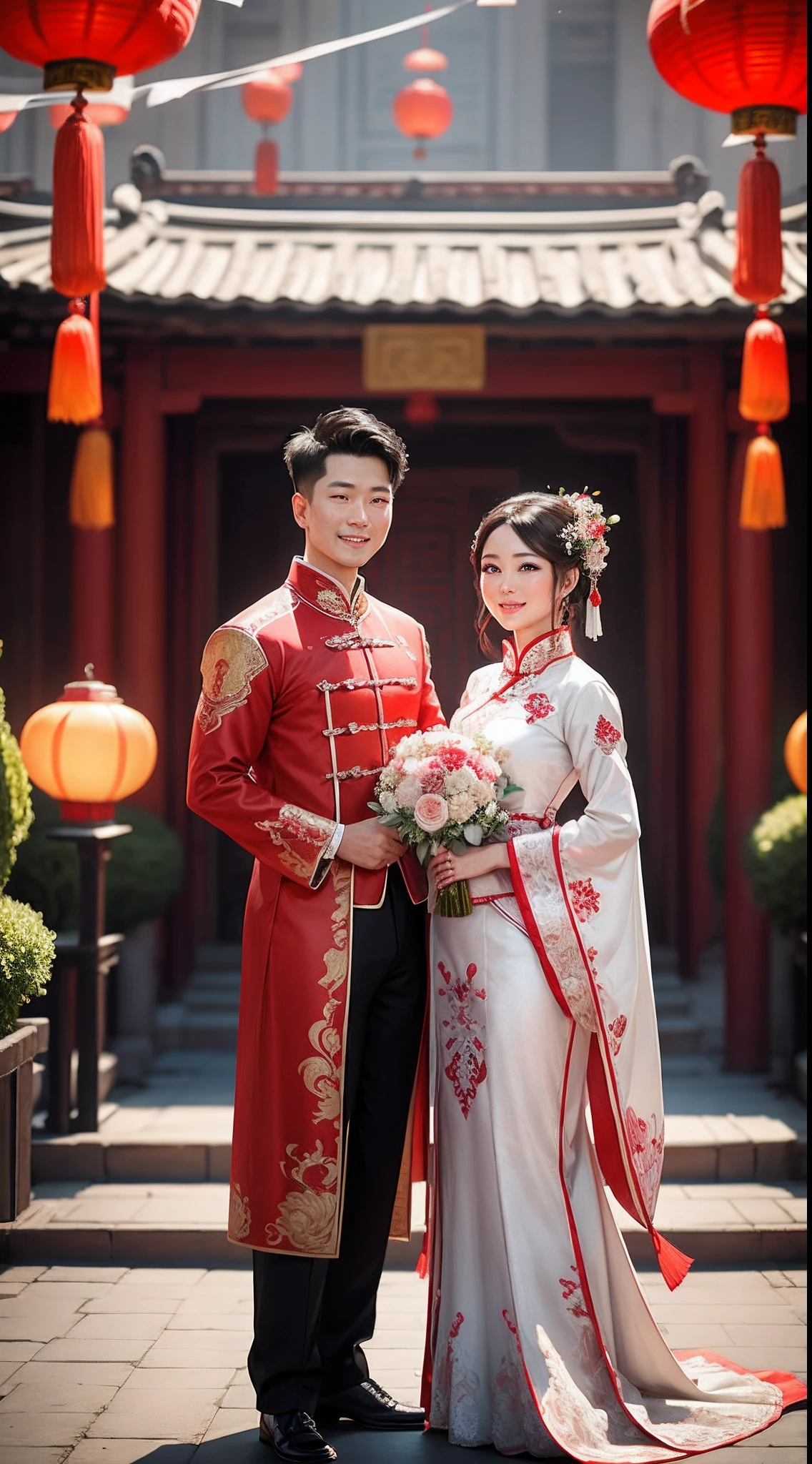 Two people stood under a tree with pink flowers, Chinese traditional, Traditional Chinese clothing, Chinese style, with acient chinese clothes, Wearing a red cheongsam, Wearing ancient Chinese clothes, Chinese costume, Chinese dress, wedding photo, Cheongsam, Ruan Jia and Fenghua Zhong, Traditional clothing, Inspired by Guo Xi, Chinese tradition