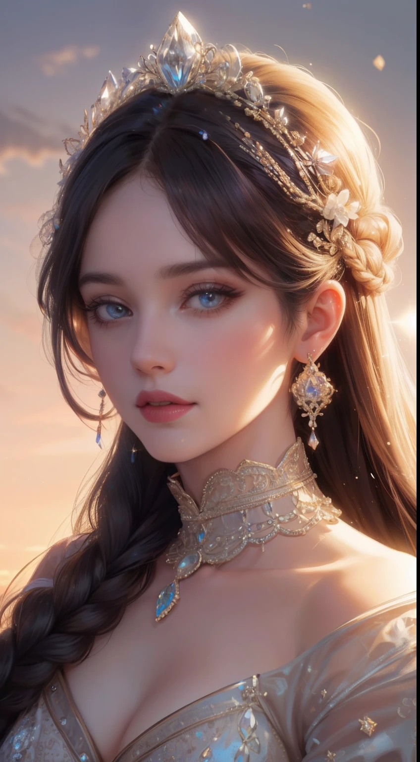 tmasterpiece,Highest high resolution,A bust of a beautiful royal maiden,Delicate braided hair,Coiled hair,Shining clear eyes,The hair is covered with beautiful and delicate floral craftsmanship, crystal、Diamond jewelry filigree,Ultra-detailed details,upscaled,softlighting。