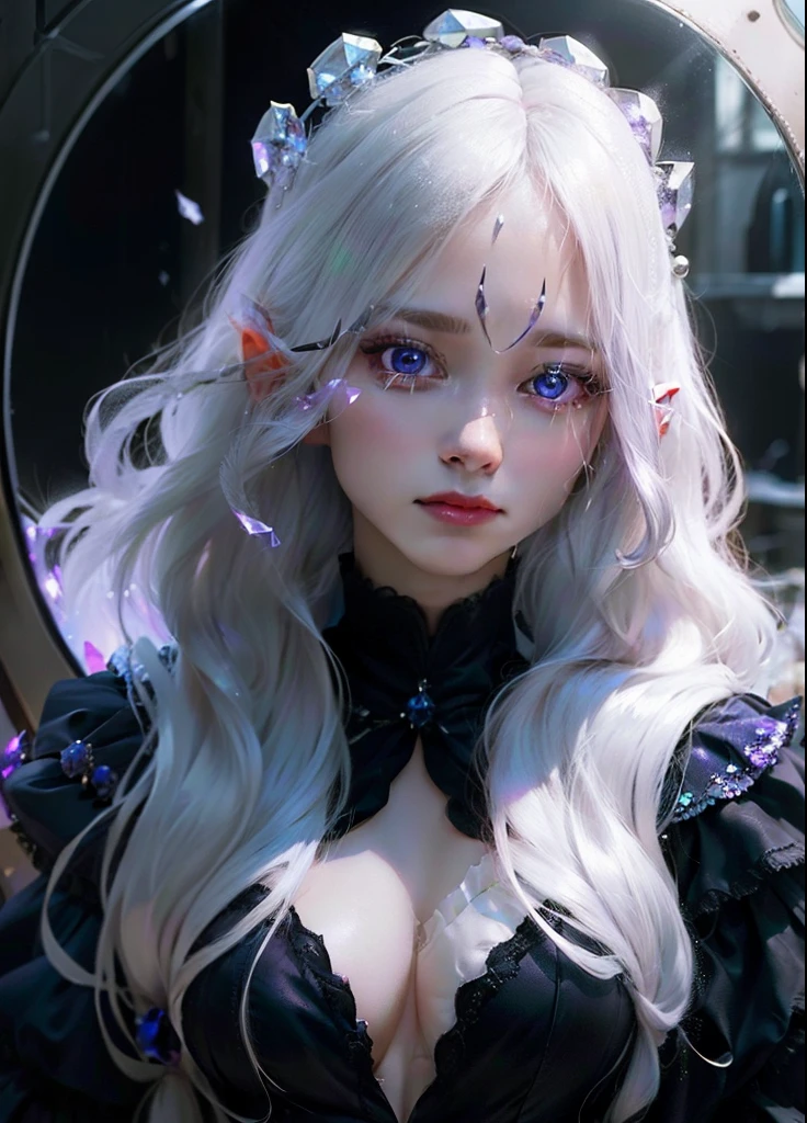 Female, beautiful,long white hair , crying,Trapped inside a broken mirror,Wearing clothes made of purple crystals, a hollow chest that emits black magic , realistic, ultra detail, perfect face, perfect eyes,8k, ultra HDR, photography,Wears a mirror crown,best quality, blue diamond dress ,