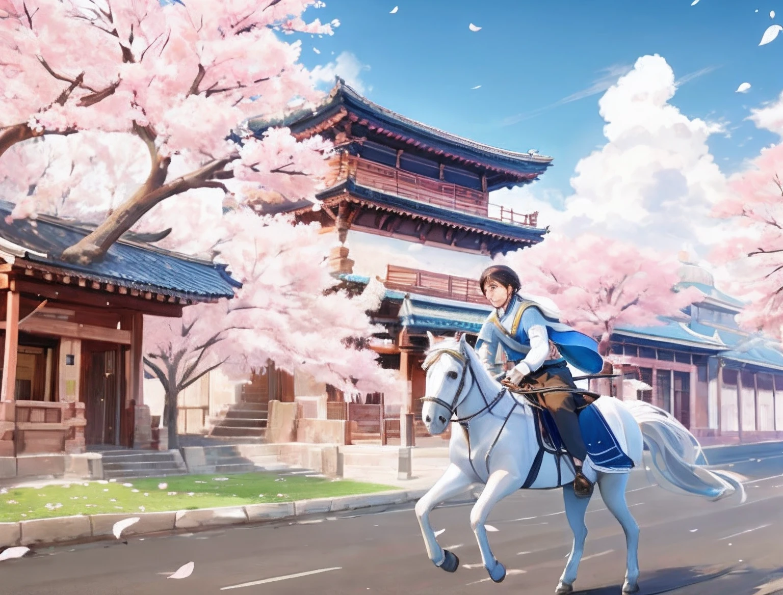 Ancient streets,Flowering season,clear skies,Exceptional color,An ancient boy riding a white horse to see flowers,There are pedestrians on the street