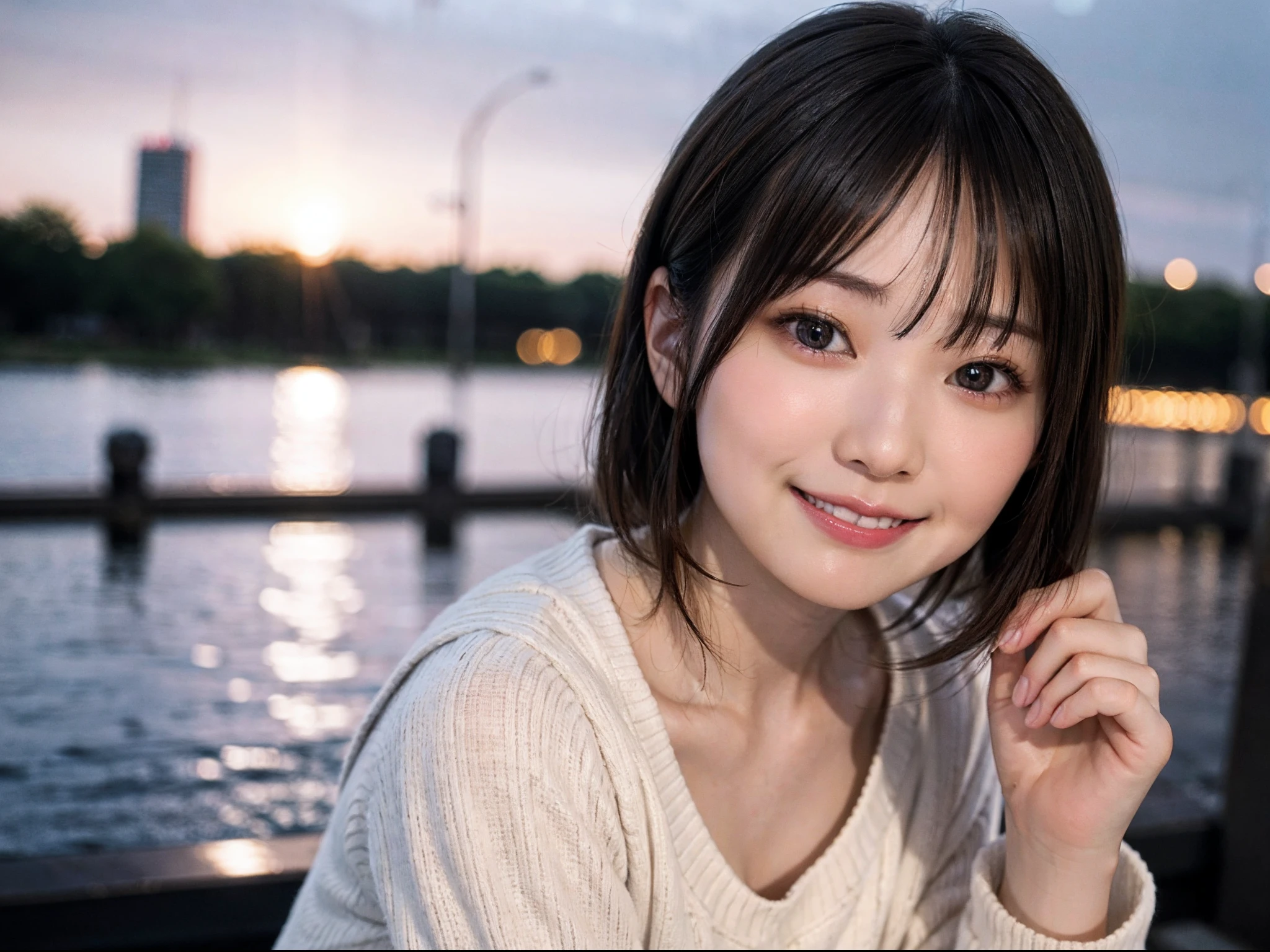 Japan girls in casual clothes、Watch your audience、Tokyo cityscape at night、(top-quality、Master masterpiece)))、HD fine、ighly detailed、Master masterpiece、电影灯光、(8K、top-quality、Master masterpiece:1.2)、(realisitic、Photorealsitic:1.37) Hi-Res、Super Detail、Woman with glasses、Silent look、Round glasses、Asian, cute little, Cute face, Solo, Short hair 1.2, Textured skin, Beautiful smile, Beautiful detailed night sky, night landscape, 电影灯光, depth of fields, Lens flare light、Dating、(blush nose)、、(Mouth closed)tiny chest、Beautiful eye for detail、(Sweaters:1.1)、(Short hair:1.2)、Floating hair Nova frog style、