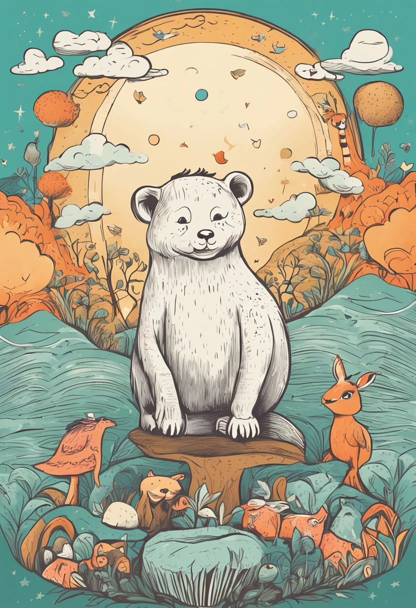 criar uma capa de livro infantil. que contenha um mundo magico. animais falantes, arvores falantes, Sky with happy clouds. sol sorrindo.