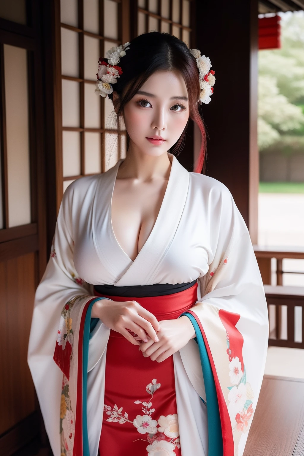 araffe dressed in a kimono and holding an umbrella, in kimono, in a kimono, japanese goddess, wearing kimono, kimono, glamorous and sexy geisha, wearing a kimono, wearing kimono armor, japanese kimono, anime girl cosplay, classic kimono, organic seductive geisha, cosplay photo, onmyoji, wearing white silk robe, pale and coloured kimono, cosplay, gorgeous young korean woman, beautiful south korean woman, korean girl, beautiful young korean woman, korean woman, heonhwa choe, korean women's fashion model, sexy look, big breast, sexy pose, show breast, light red hair
