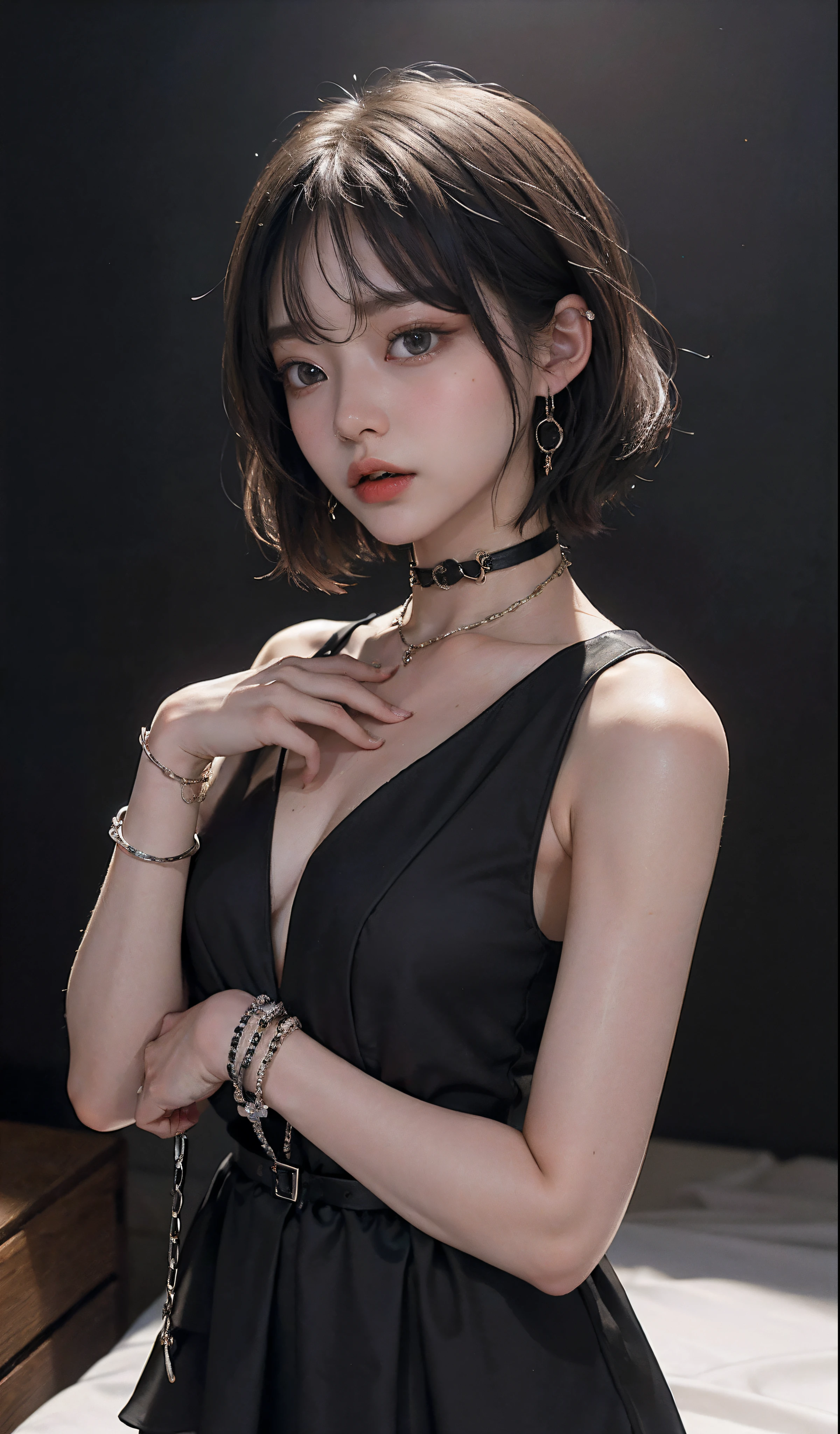 (natta)、((Top  Quality、​masterpiece:1.3))、edgy:1.2、Perfect Body Beauty:1.4、((Layered hairstyle))、(Black dress:1.3)、(night scene:1.2)、(chaining:1.3)、Highly detailed facial and skin texture、A detailed eye、Double eyelidd、((Short length hair))、A boy、cool、((Unisex))、large eyes、necklaces、bangss、((One Woman))、Black eyes、wristband、chokers、rings、chain accessories、color々From an angle、cuff、