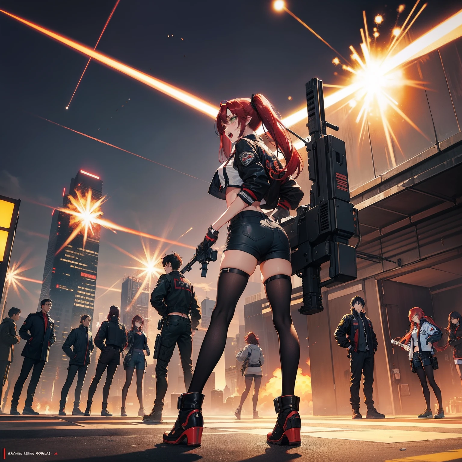 Full body shot, female asian Irina Shidou red hair twintails green eyes, in a cyberpunk city, wearing a bomber jacket and crop top and denim shorts, standing next to a Nissan GT-R, holding a big machine gun, holding a long laser rifle, shooting laser rifle, shooting lasers up at the sky, rapid fire, explosions, running and jumping, open mouth, screaming, frontal shot, side shot, rear shot, back shot, behind shot, masterpiece, highly detailed