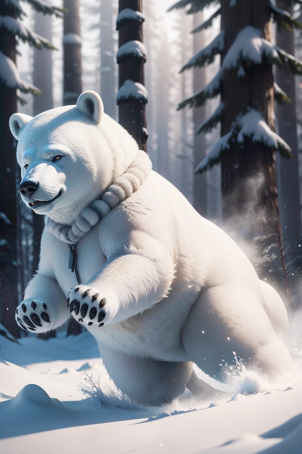 A very dynamic scene. A huge polar bear on its back sits a Eskimo girl 4 years rushing through the snow. The girl is very cheerful, laughs broadly and waves his hands affably. The girl is dressed in national northern clothes. a closeup of a. a lot of details. Disney Pixar's cartoon style. super realistic. Cinematic. Motion-blurred background of coniferous winter forest. Light haze.
