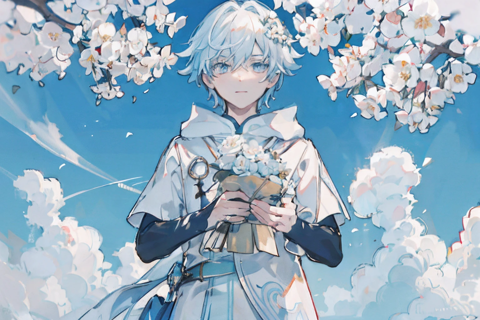 ray tracing,{best quality}, {{masterpiece}}, {highres}, original, extremely detailed 8K wallpaper, {an extremely delicate and beautiful},incredibly_absurdres,colorful,intricate detail,artbook,flower, 1 boy, light blue hair, light blue eyes, white eyelashes, white outfit, white flowers, sky with clouds, holding white flowers in his hands, white flower crown on his head, flowers in his hair, postcard aesthetic