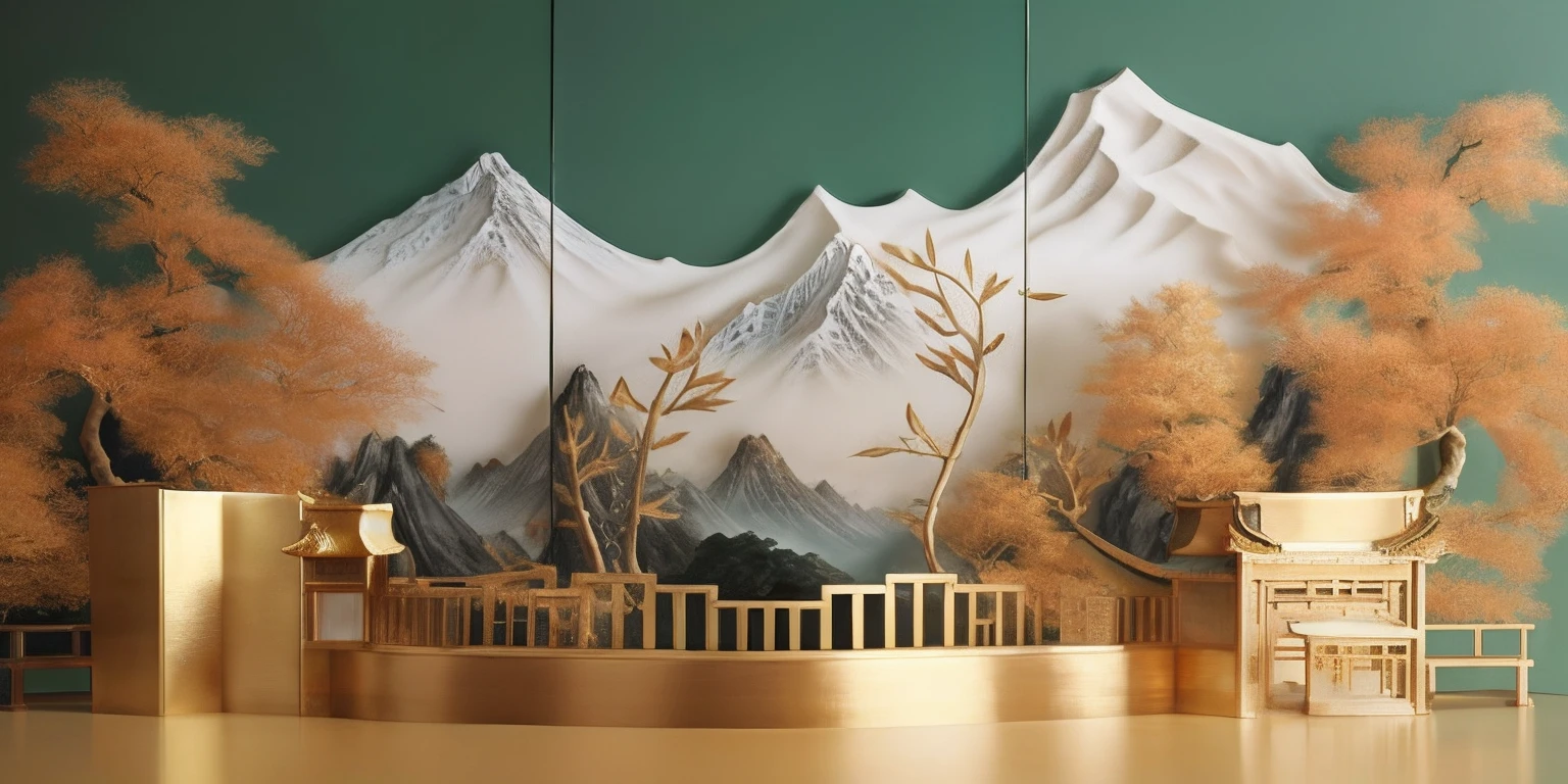 There is a wall，Mountain view above, Detailed scenery —width 672, japonisme 3 d 8 k ultra detailed, beautiful landscape rendering, landscape artwork, detailed scenic view, Chinese painting style, glass、Gold and jade, highly detailed scenario, with ancient chinese aesthetic, high-quality wallpaper, scenery art detailed, 8K high quality detailed art
