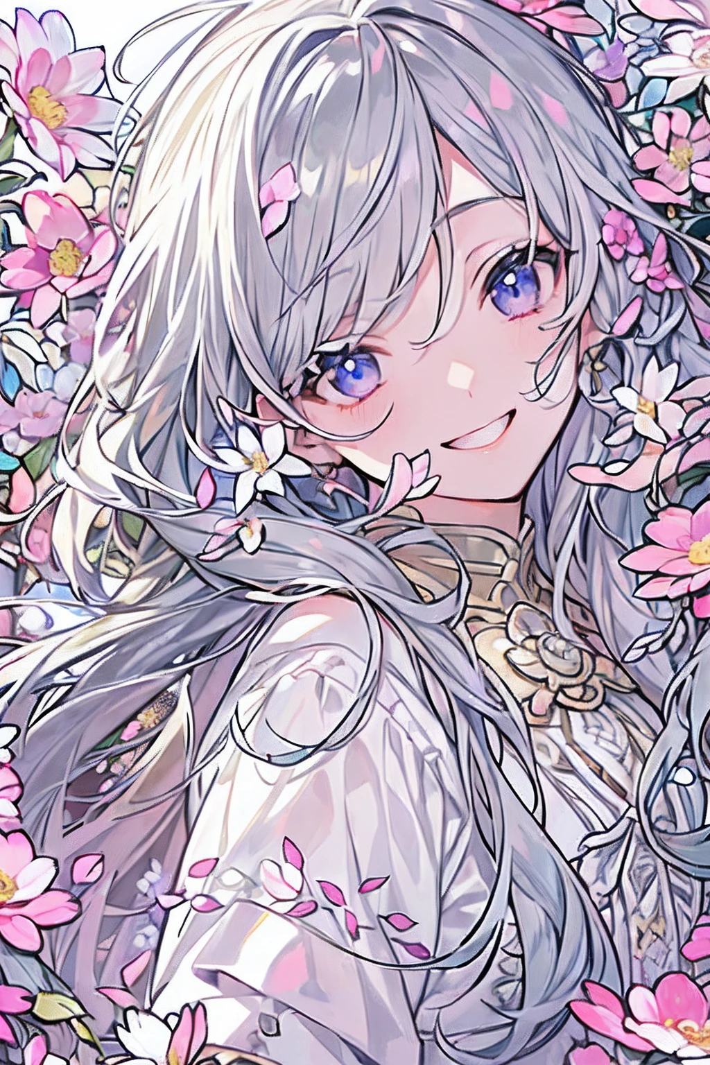 (((​masterpiece)))、(((top-quality)))、((ultra-detailliert))、(illustratio)、((extremely delicate and beautiful))、Bright smile、floating、purple color  hair、(Detailed light) (1girl in)、、独奏、The long-haired、The wind is blowing、A WORLD、（cute eye）、 hight resolution, (Official art, Beautiful and aesthetic:1.2), (Close View:1.2), Front composition,  (Long hair:1.2), Gray hair, Wavy Hair, Smile, (Everywhere in the flower garden:1.6), (Flower Effects:1.2), (Floral background:1.2), (Background filled with flowers:1.4), (Fancy backgrounds:1.1),