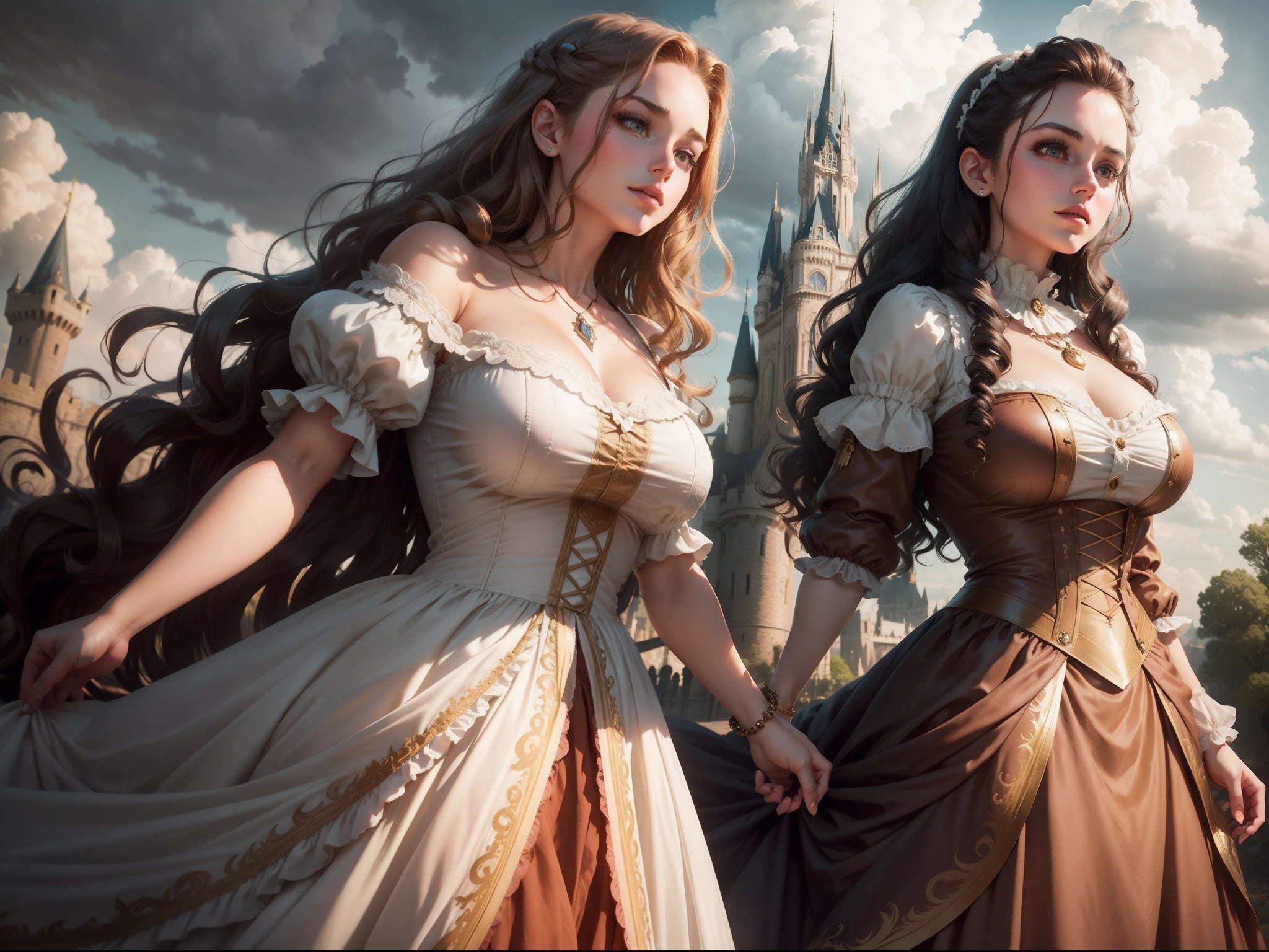 beauty and the beast, the girl have big breasts ( vintage dress, brownish hair, wavy hair, jewelry), the beast have muscular body in vintage dress, the background is a castle, cinematic, cloudy bright sky, dramatic.