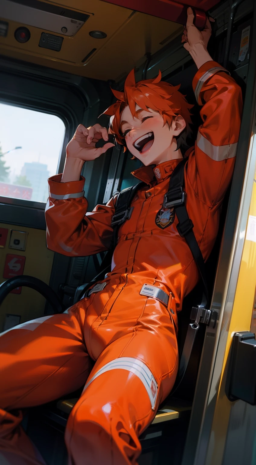 Inside a fire truck，group of men，with short black hair，Wear a fire suit，Laughing