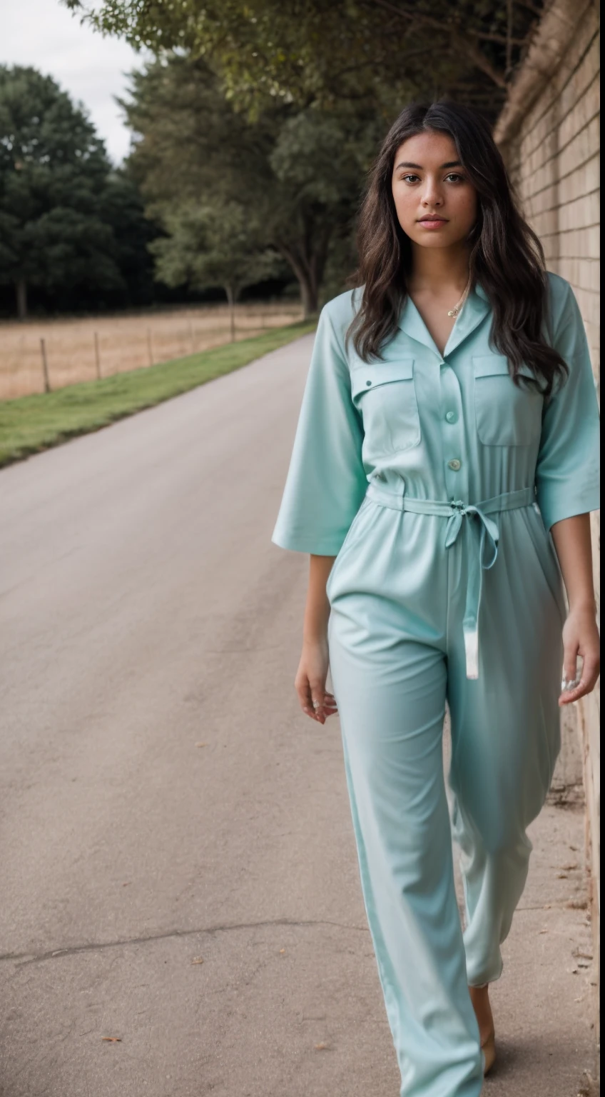 RAW Sequence Photo, a photo of 18 year old Teenage Girl wearing a grey jumpsuit while walking out of her car, in the style of dark aquamarine and beige, matte photo, soft and rounded forms, light green and dark blue, translucent color, babycore, strong use of color, natural lights, HDR, realistic photo, professional photo, flirt with the viewer, sexy look, photorealistic, Beautiful, 8k UHD, high quality, filmic grain, Fujifilm XT3