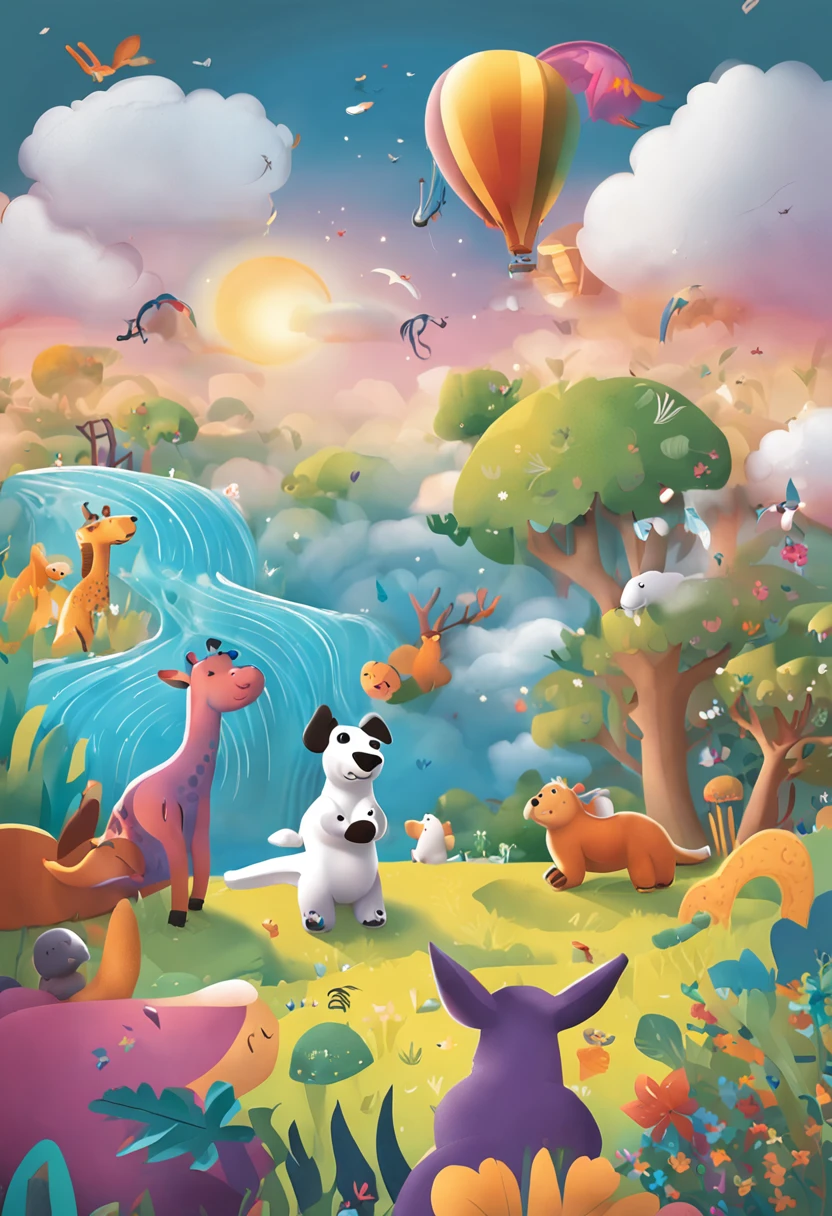 criar uma capa de livro infantil. que contenha um mundo magico. animais falantes, arvores falantes, Sky with happy clouds. sol sorrindo. 3D. children unleashing their imagination