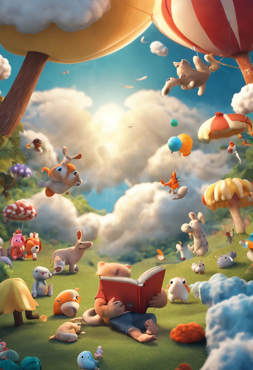 criar uma capa de livro infantil. que contenha um mundo magico. animais falantes, arvores falantes, Sky with happy clouds. sol sorrindo. 3D. children unleashing their imagination