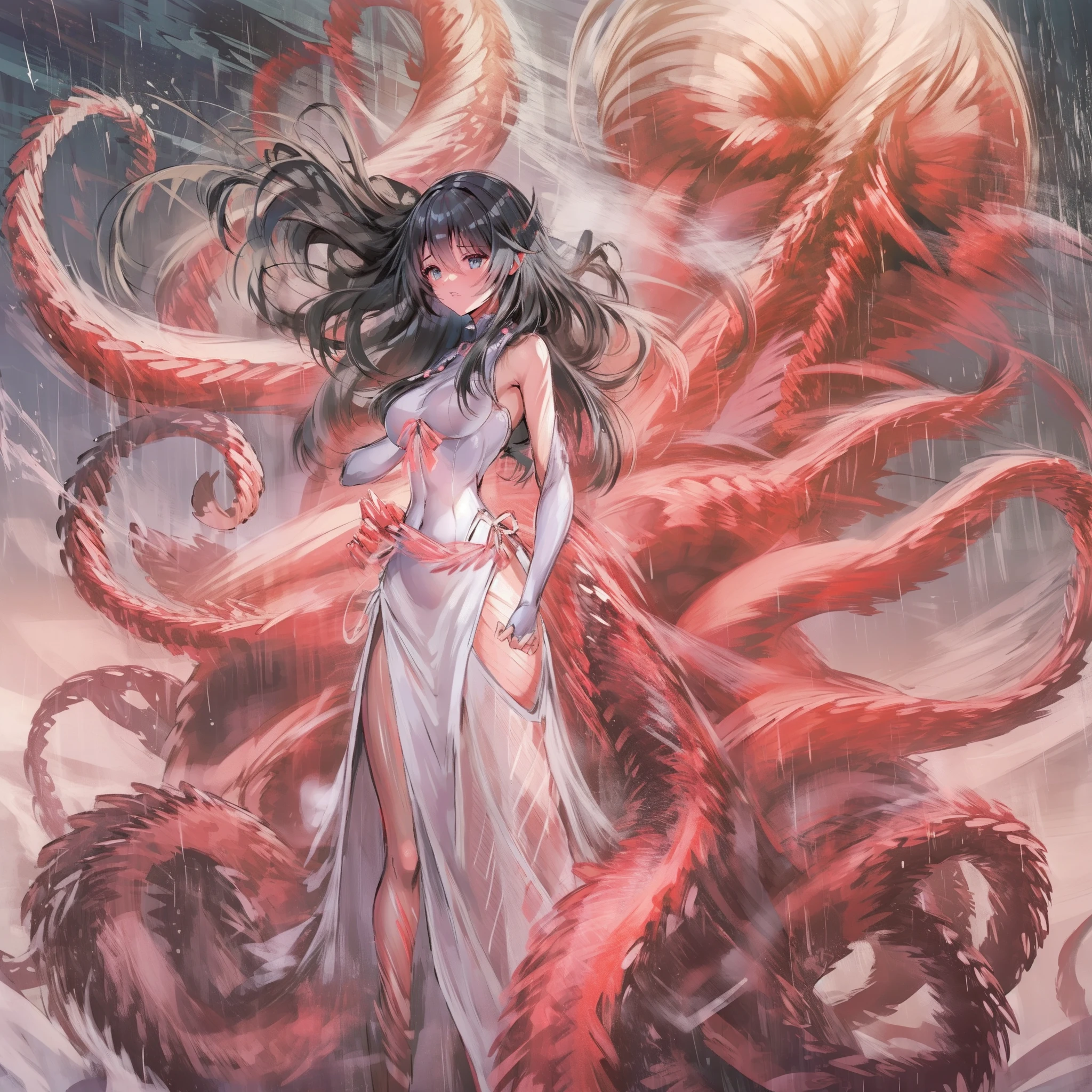 Young adult women、Long huge、thin constricted waist、gargantuan butt、Gorgeous dresses in white and gold、a miniskirt、Giant drill roll hair、Holding a hammer with thunder high into the heavens、Full body like、facing front、Four long giant octopus tentacles resembling a whip growing from its back