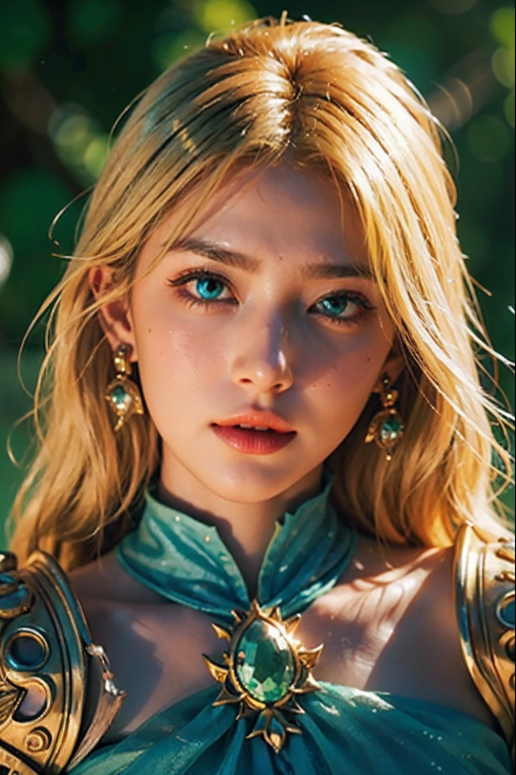 Very Beautiful princesse face glowing crystal eyes green bright blond hair jewlery sexy face sexy eyes hyper realistic super detailed Dynamic shot master piece