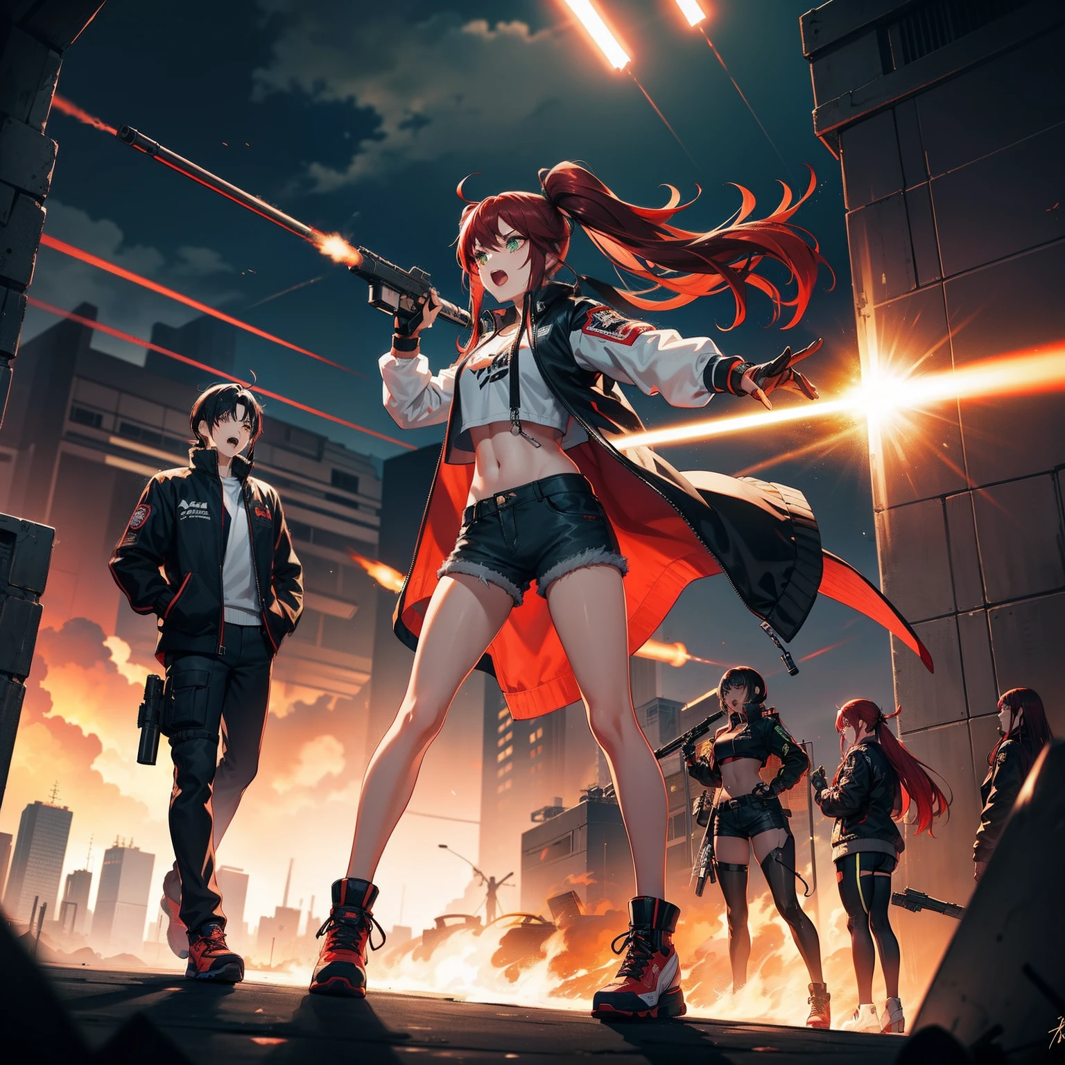 Full body shot, female asian Irina Shidou red hair twintails green eyes, in a cyberpunk city, wearing a bomber jacket and crop top and denim shorts, standing next to a Nissan GT-R, holding a big machine gun, holding a long laser rifle, shooting laser rifle, shooting lasers up at the sky, rapid fire, explosions, running and jumping, open mouth, screaming, frontal shot, side shot, rear shot, back shot, behind shot, masterpiece, highly detailed