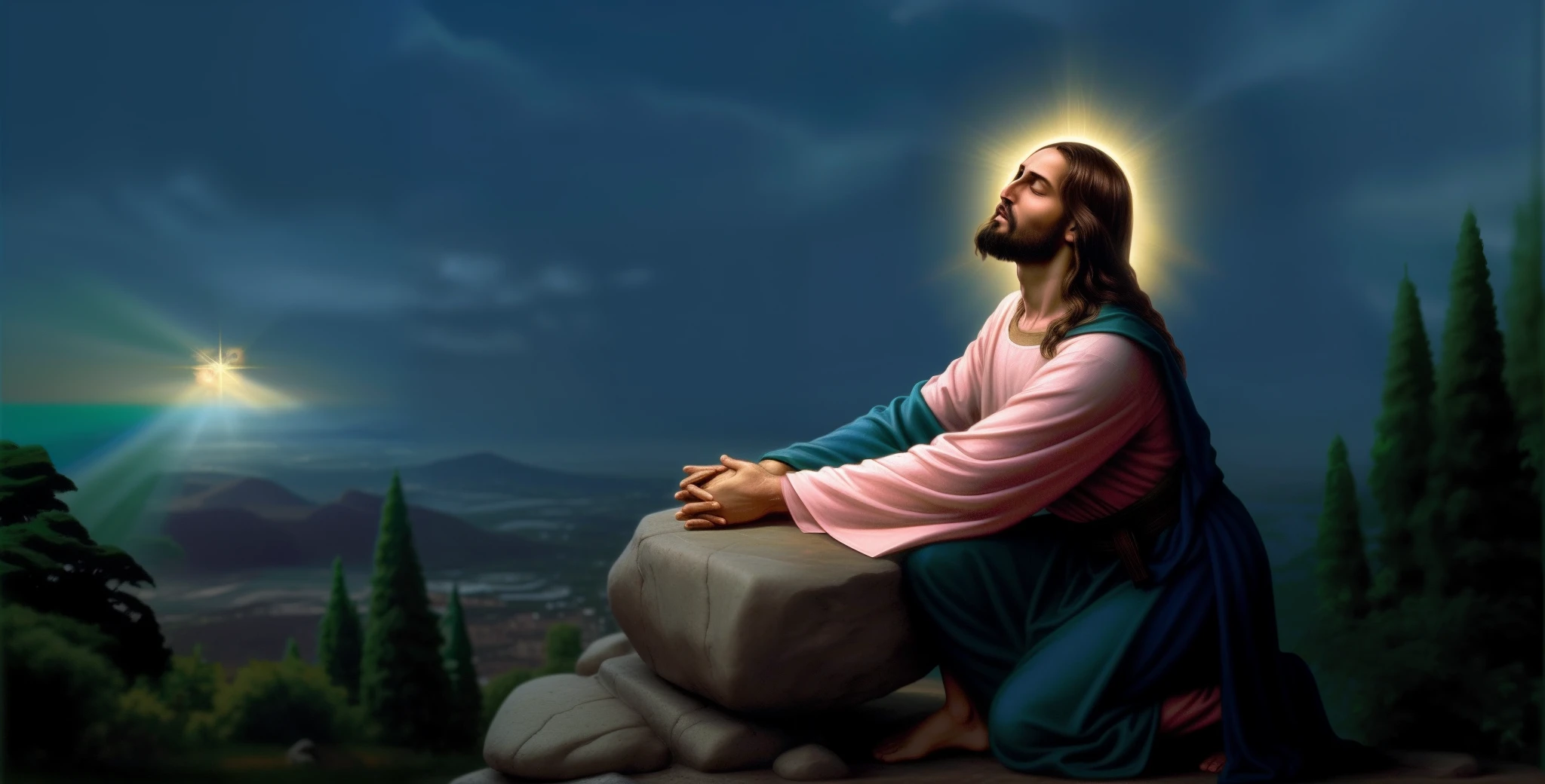 There are angels around Jesus while he is praying, maximo de detalhe e qualidade nos anjos, The angels are shining, The angels are shining very brightly, ultra realismo nos anjos, maximo de detalhes em jesus cristo, detalhe em seu rosto, On the head of Jesus is shining, pele macia e perfeita