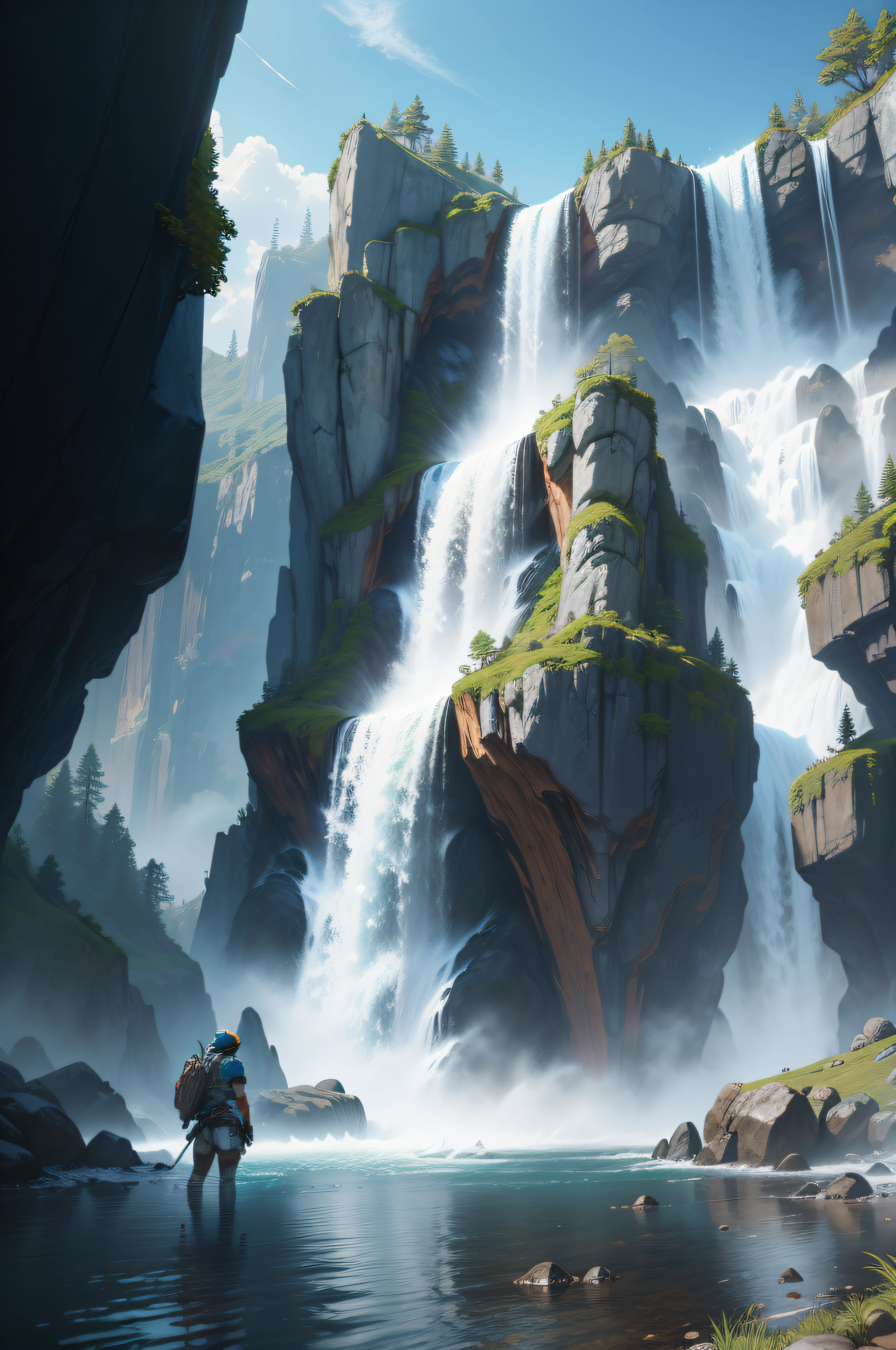 olpntng style, A beautiful waterfall with vibrant colors, forest around, Overwatch style atmospheric, hyper realistic, 8k, epic composition, cinematic, octane render, artstation landscape vista photography by Carr Clifton & Galen Rowell, 16K resolution, Landscape veduta photo by Dustin Lefevre & tdraw, 8k resolution, detailed landscape DeviantArt, Flickr, rendered in Enscape, Miyazaki, Nausicaa Ghibli, Breath of The Wild, 4k detailed post processing, artstation, rendering by octane, unreal engine, oil painting, heavy strokes, paint dripping