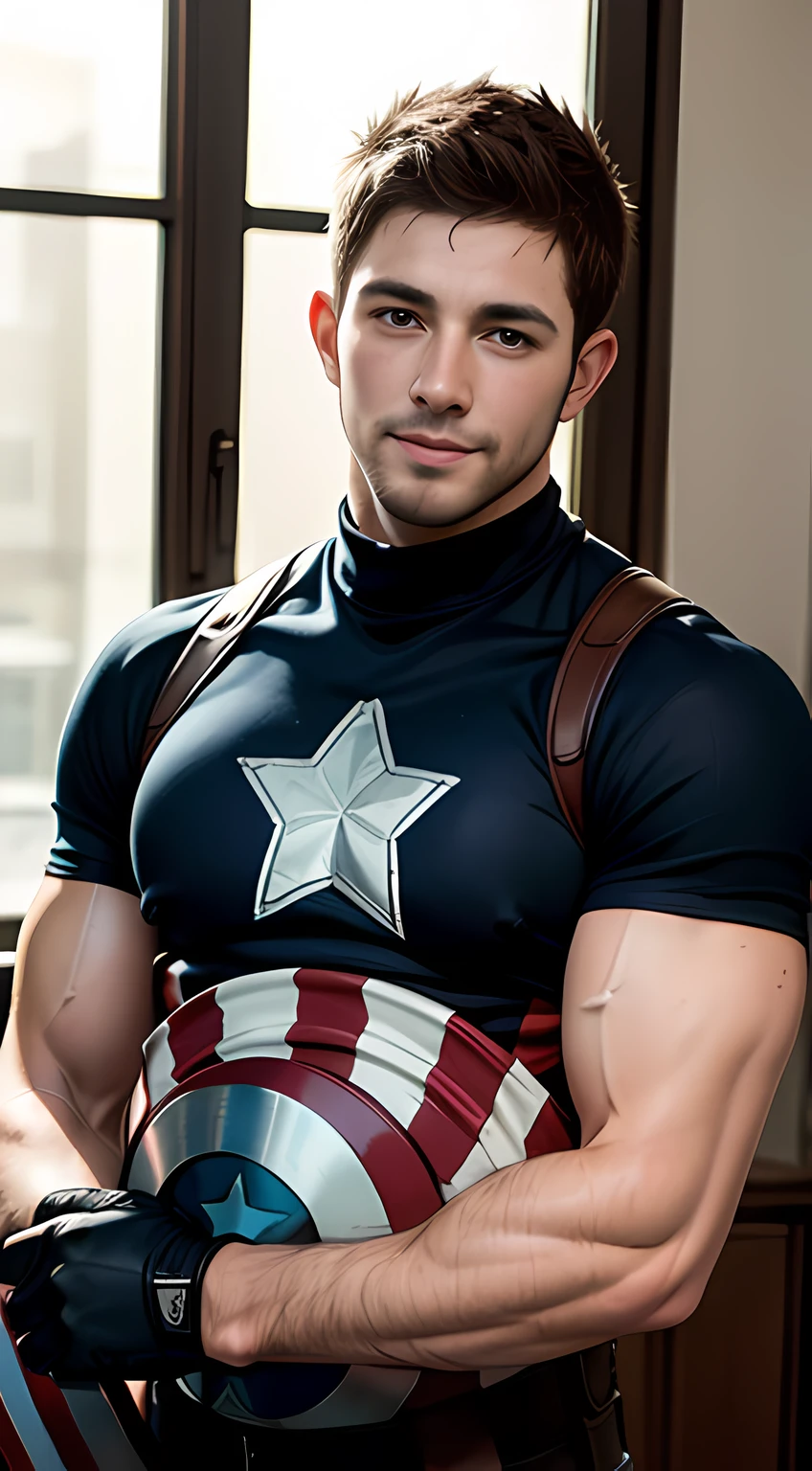 ((Men only)), (cowboy shot), (sunburned skin), (Handsome muscle man in his 20s), (Captain America), (Chris Redfield), (smile), (detaile: 1 in 1), Natural muscles, HIG quality, beautidful eyes, (Detailed face and eyes), (Face、: 1 / 2), Noise, Real Photographics、... ..................................................................................................................PSD, Sharp Focus, High resolution 8K, realisitic & Professional Photography, 8K UHD, Soft lighting, High quality, Film grain, FujifilmXT3