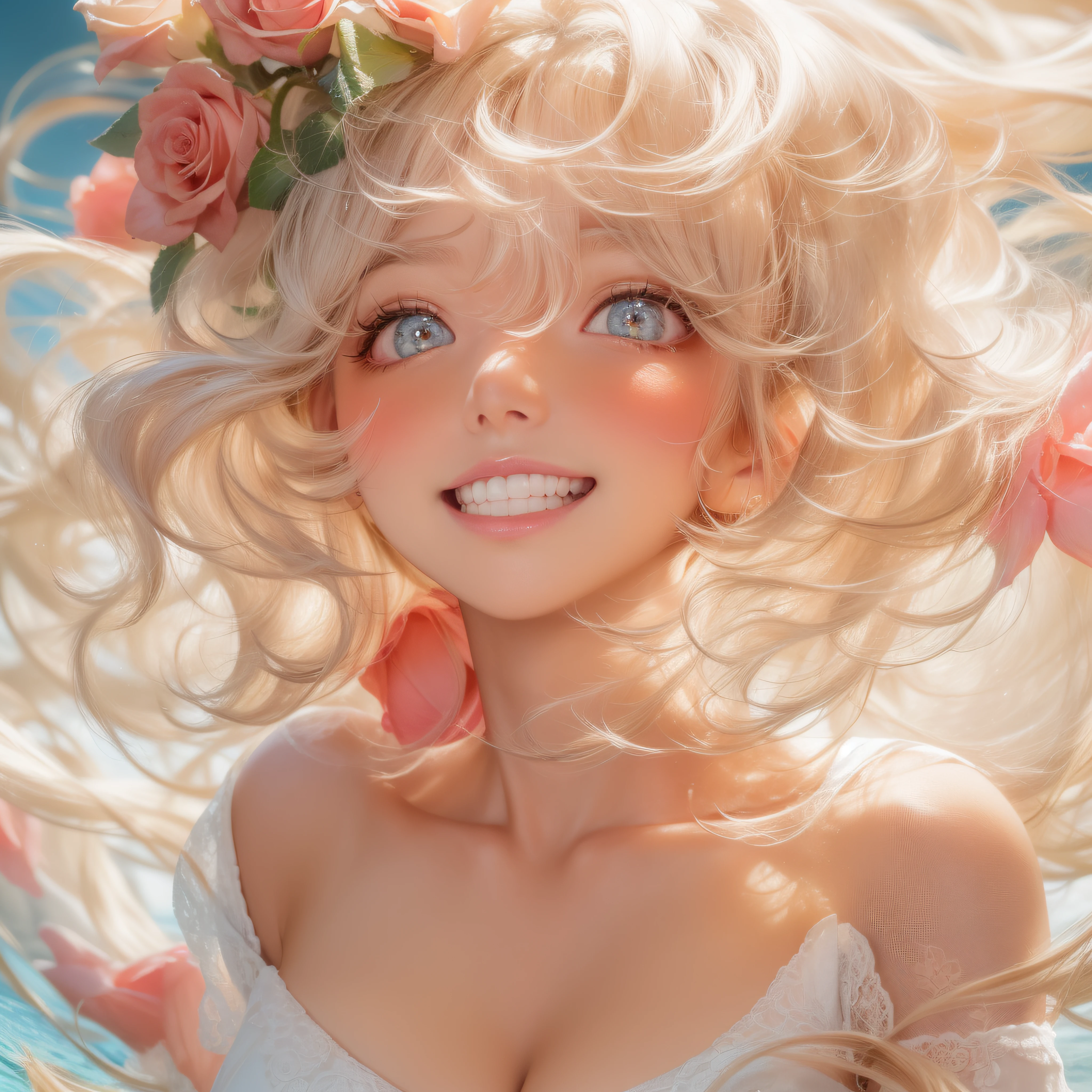 Close up of rose-colored smile with open mouth、(realisitic、hight resolution)、(1 girl in)、Do-Up Eye、Korean Girl、(Best Quality), (masutepiece), (1girl in), Solo, a beauty girl, Perfect face, Big Breast,dreamlikeart、Highly detailed airbrush art((Surreal))、Volumetric lighting、(top-quality)、The ultra-detailliert、(The composition of the movement:1.4)、Highly detailed colorful details、(Bright lighting)、dynamic compositions、Ray traching、The mirror reflects light、Shallow depth of field、ultra-detailliert、mixing exposure、nffsw、Her eyes glow rosy、Staring at the rose-colored sea。Her rose-colored face is、Full of anticipation and courage for adventure.、A smile appears on her rose-colored lips。 At the rear、The sun is slowly tilting to the west。Its light brings a rose-colored light to the surface of the sea、The swaying waves create a beautiful scene。Her eyes are clearly rosy。Lots of roses