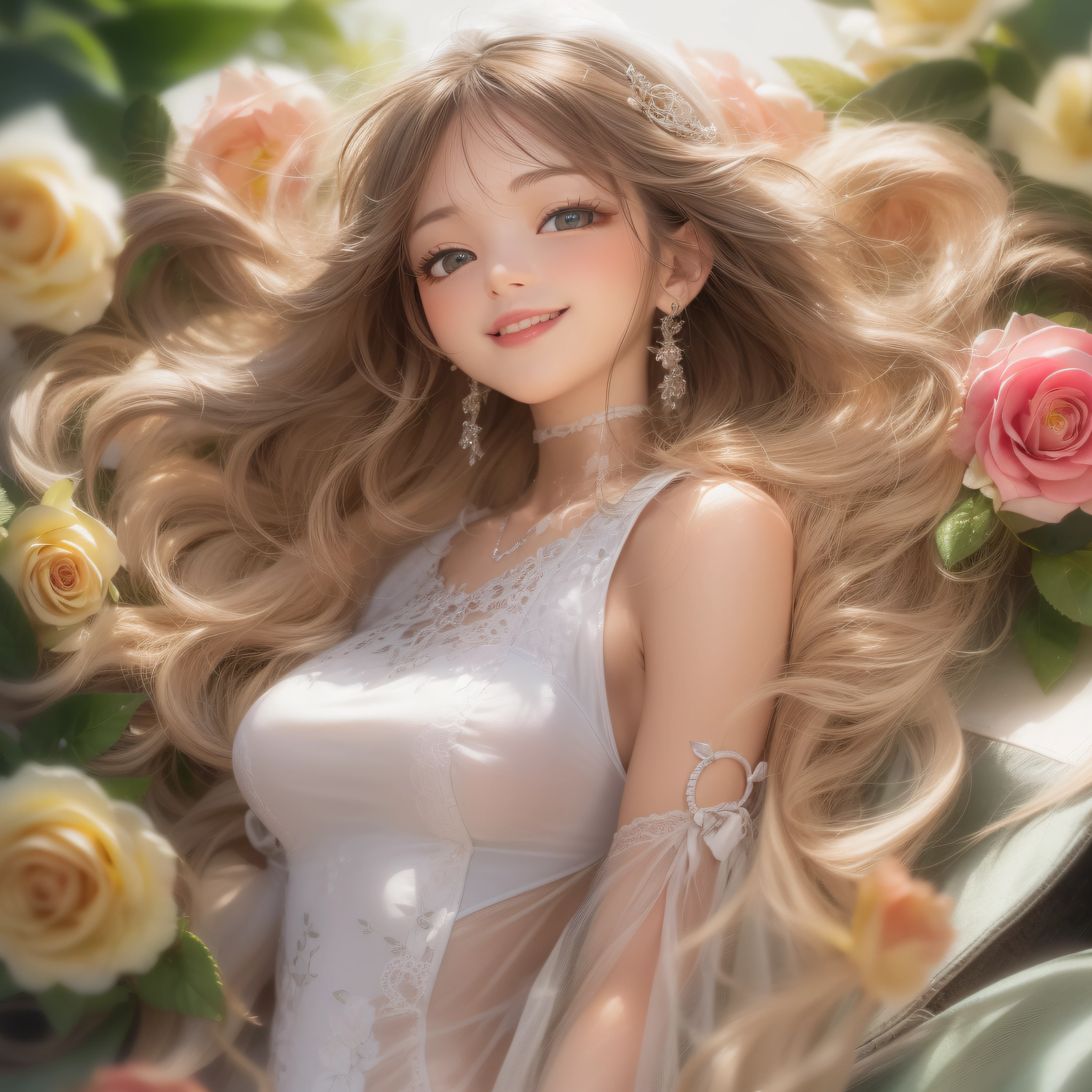 Close up of rose-colored smile with open mouth、(realisitic、hight resolution)、(1 girl in)、Do-Up Eye、Korean Girl、(Best Quality), (masutepiece), (1girl in), Solo, a beauty girl, Perfect face, Big Breast,dreamlikeart、Highly detailed airbrush art((Surreal))、Volumetric lighting、(top-quality)、The ultra-detailliert、(The composition of the movement:1.4)、Highly detailed colorful details、(Bright lighting)、dynamic compositions、Ray traching、The mirror reflects light、Shallow depth of field、ultra-detailliert、mixing  exposure、nffsw、Her eyes glow rosy、Staring at the rose-colored sea。Her rose-colored face is、Full of anticipation and courage for adventure.、A smile appears on her rose-colored lips。 At the rear、The sun is slowly tilting to the west。Its light brings a rose-colored light to the surface of the sea、The swaying waves create a beautiful scene。Her eyes are clearly rosy。Lots of roses