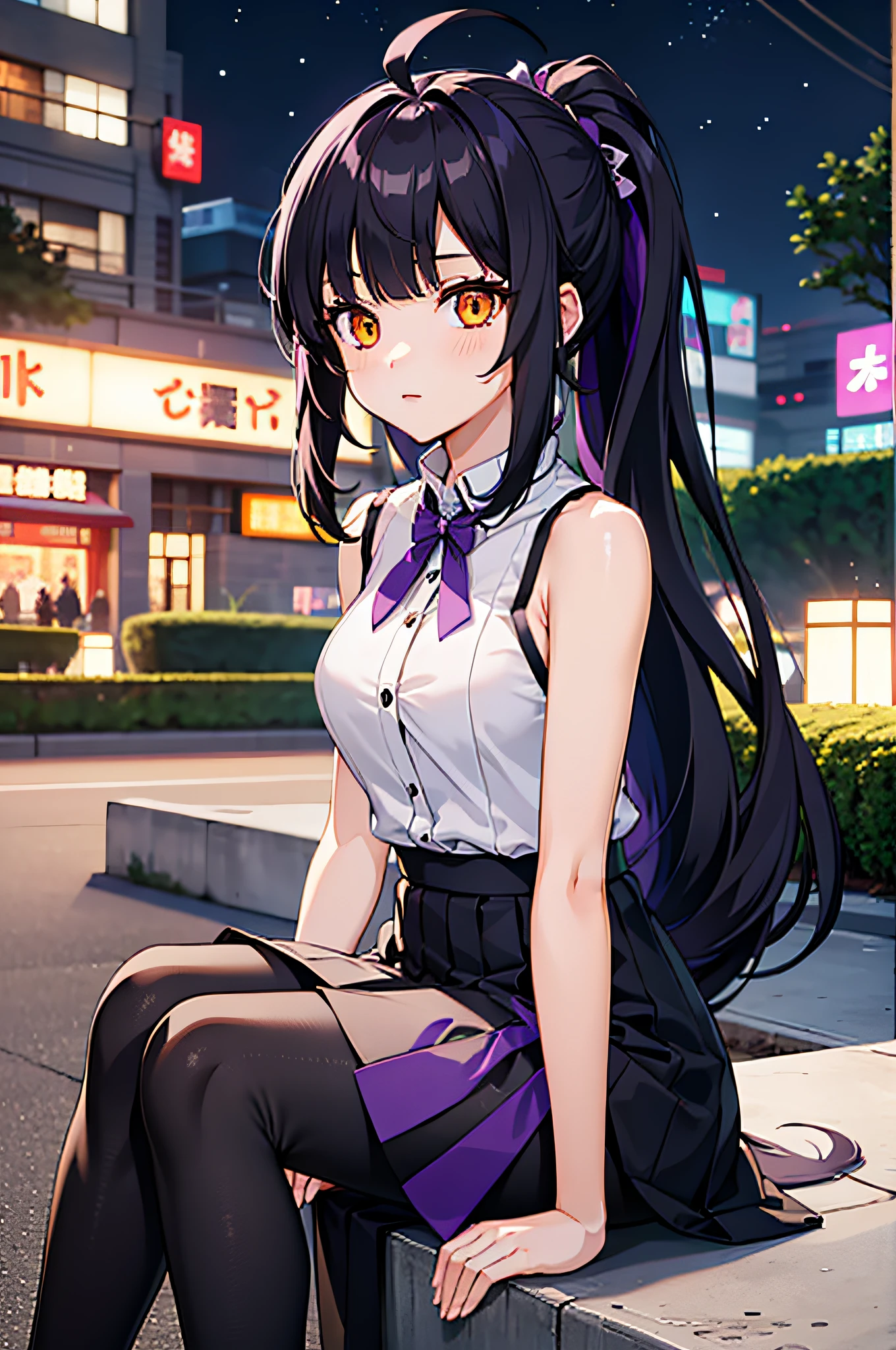 sleeveless shirts, young 1girl, solo, sakifuwa, glazed eyes, very long hair, ponytail, orange eyes, black hair, ahoge, black tights, long leggings, purple strain of hair, very purple long skirt, sit at the park, night time