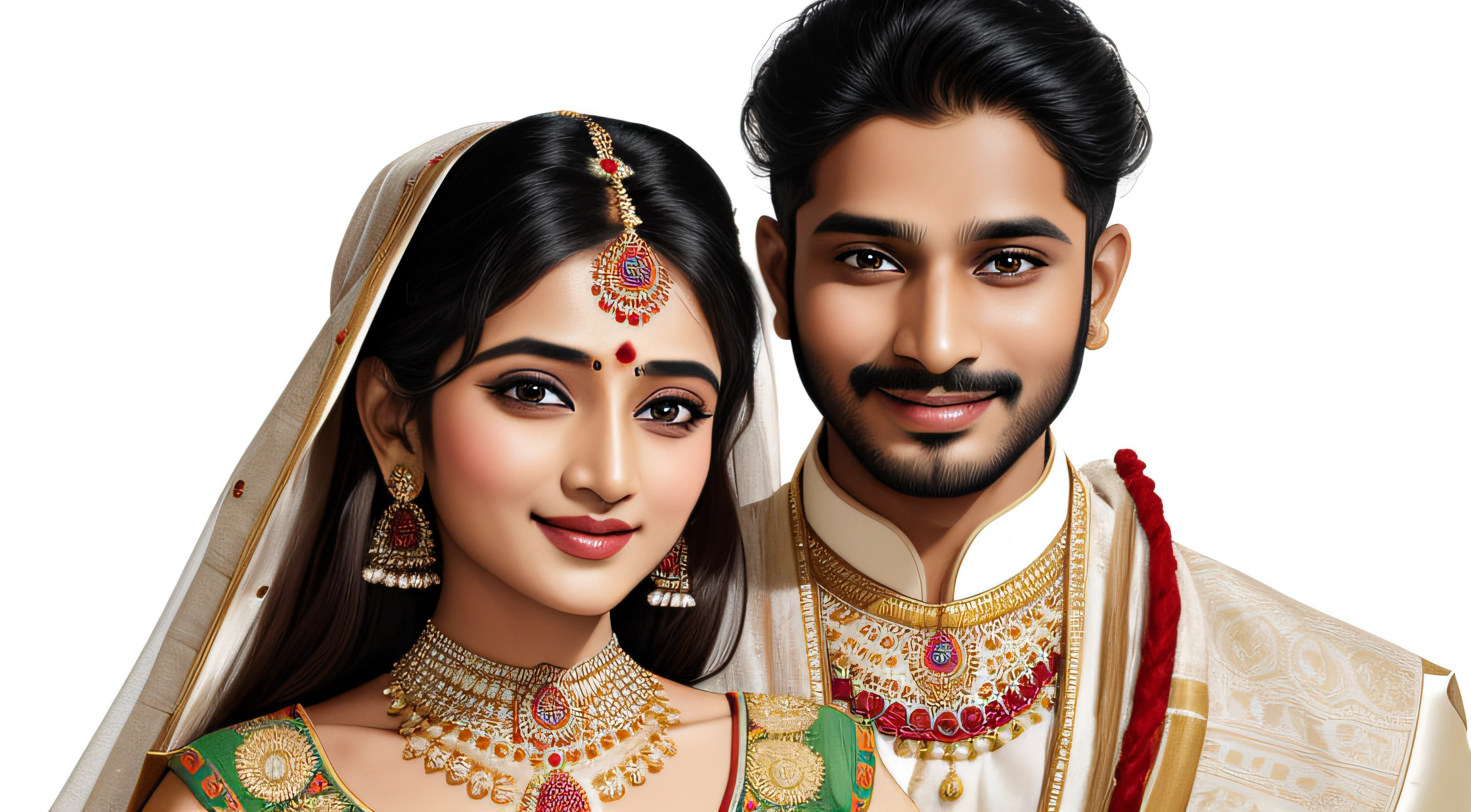 a couple of indian people in traditional clothes, indian, wearing traditional garb, bride and groom, traditional clothing, traditional clothes, celebrating an marriage, traditional dress, marriage, wearing a sari, cartoon image, happy couple, cartoon style illustration, traditional drawing style, flat illustration, wearing ornate clothing, lovely couple, cartoon illustration, dressed in a sari, wearing authentic attire  , happy face (highly detailed body, highly detailed face, highly detailed eye,best quality:1.2), white background, clean background, Portrait