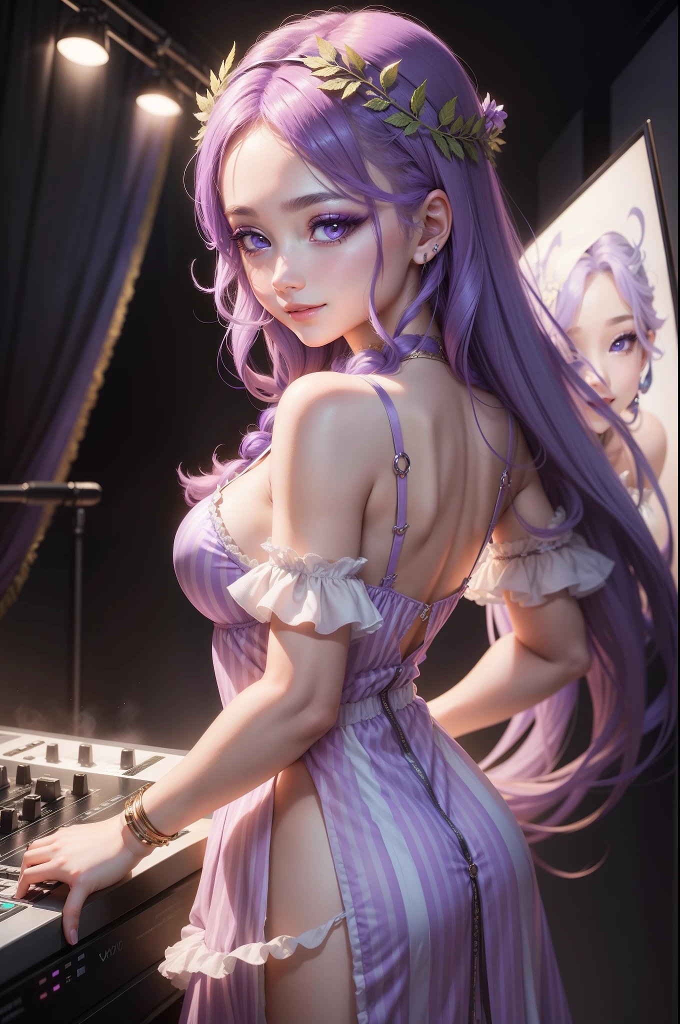 The personification of Apollo in Greek mythology 、infp young woman、purple color hair、Dress like a DJ、Music Club Background、Sophisticated illustrations、Big eyes、Transparent eyes、Beautiful makeup、long eyeslashes、A smile、Smile、、Solo Photography、beatiful detailed eyes、vertical stripes Overall photo