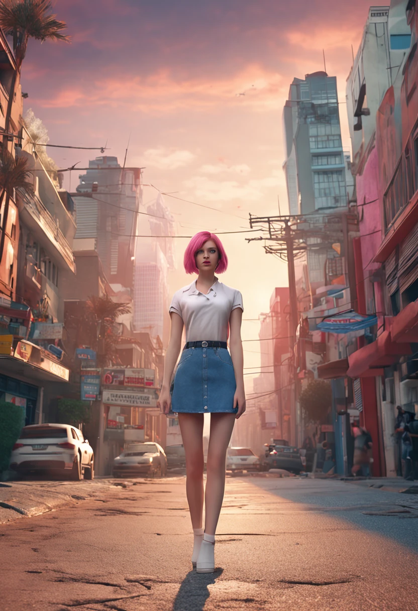 1girl, short pink hair, brown eyes, wearing plain white shirt, denim skirt, city, absurdres, high res, ultrasharp, 8K, masterpiece, looking at viewer