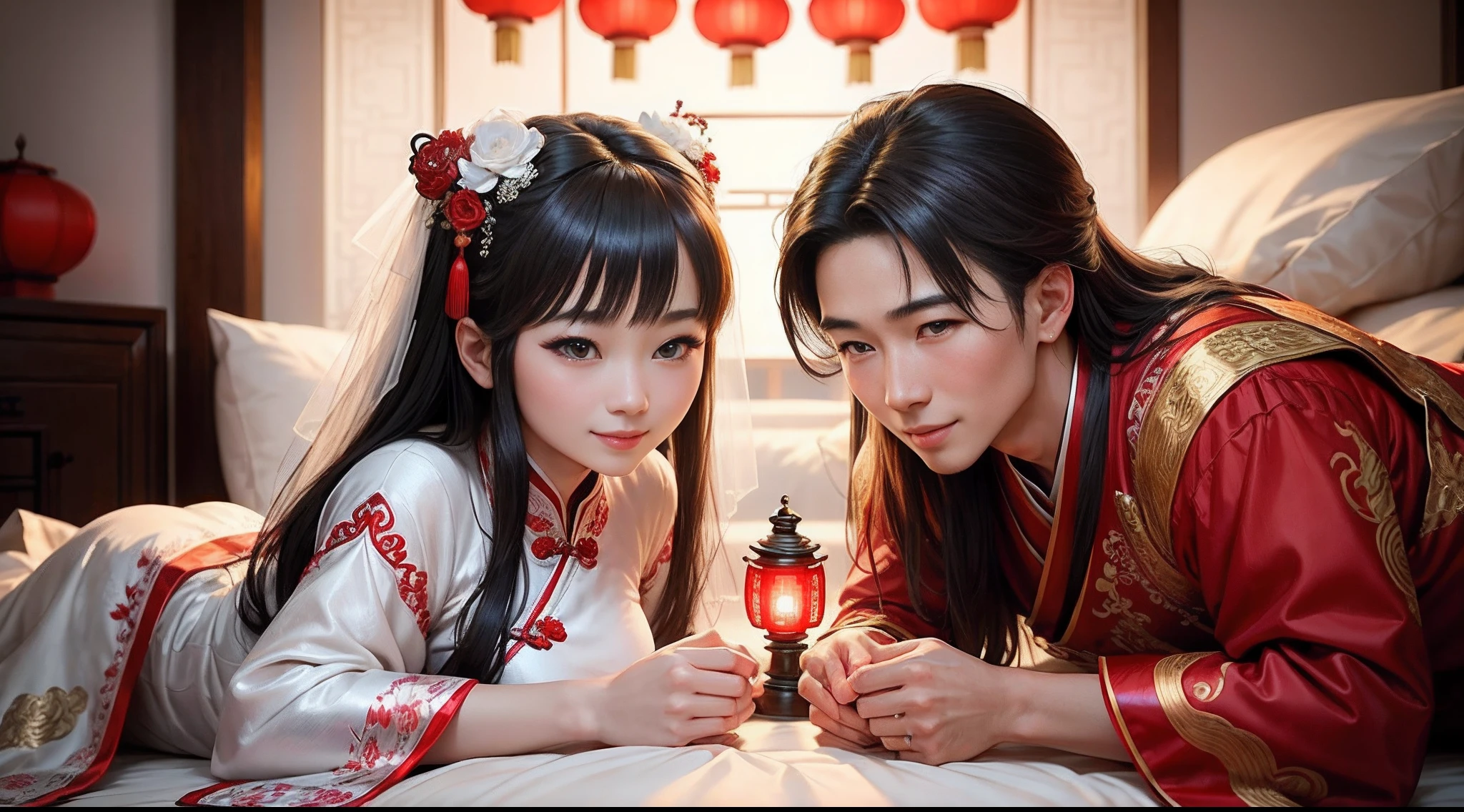 (Best quality: 1.1), (Realistic: 1.1), (Wedding: 1.1), (highly details: 1.1),A traditional Chinese wedding is taking place,The bride and groom wear traditional Chinese costumes,Bed in bedroom in Chinese architecture, Kneel and take pictures, Happy smile, Look at each other affectionately,Red lantern in the background。