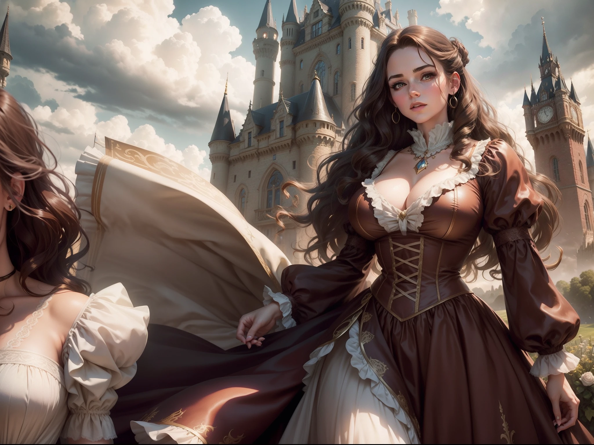 beauty and the beast, the girl have big breasts ( vintage dress, brownish hair, wavy hair, jewelry), the beast have muscular body in vintage dress, the background is a castle, cinematic, cloudy bright sky, dramatic.
