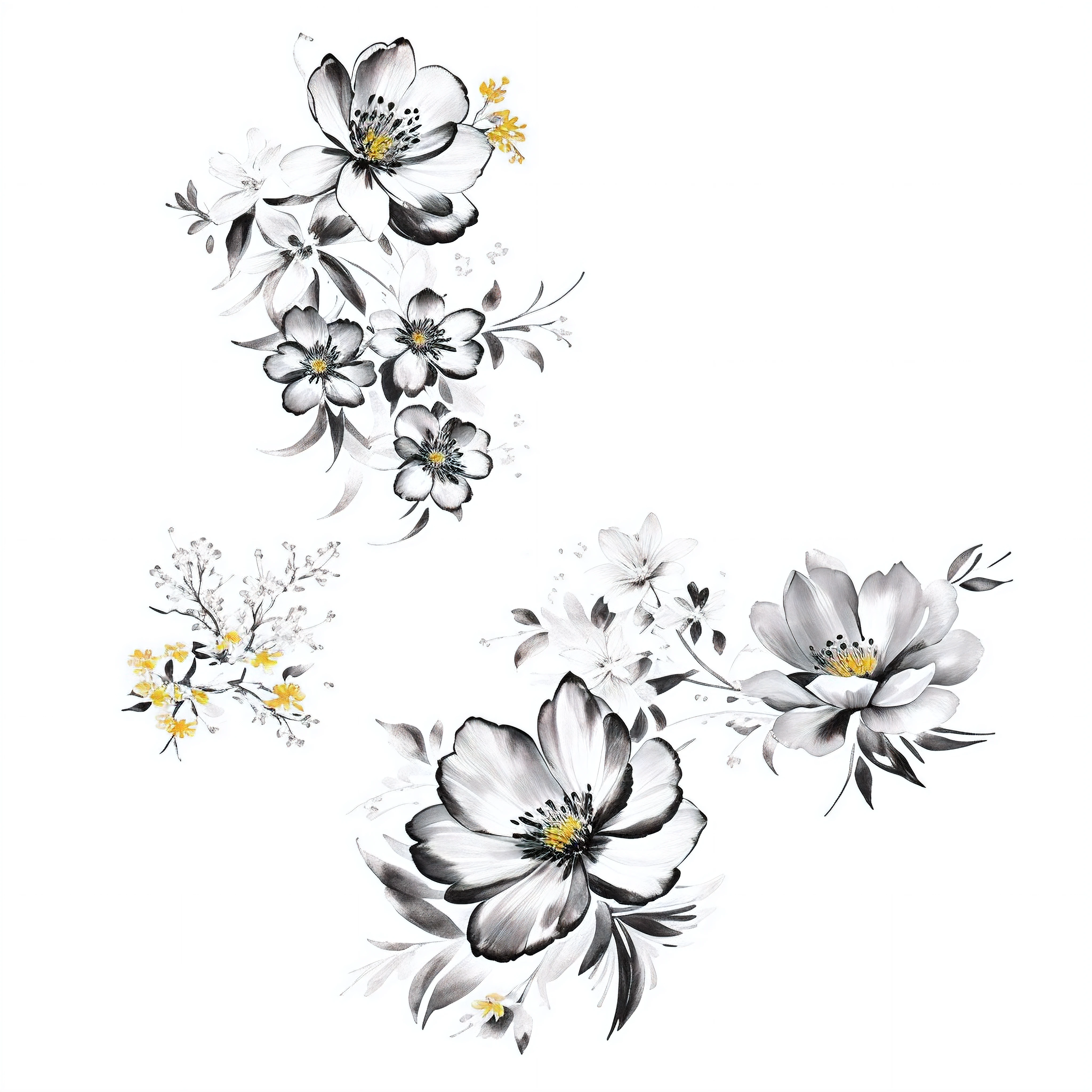 Three black and white flowers are shown on a white background, Flores estilizadas, sketch black and white colors, Flores rodopianas, Aquarela preta e branca, flor, flores em flor, sumi - estilo e, flores irregulares, flores manchadas, grandes flores opacas, com flores amarelas ao redor, motivos florais, flores e flores, Sumi - and lighting style