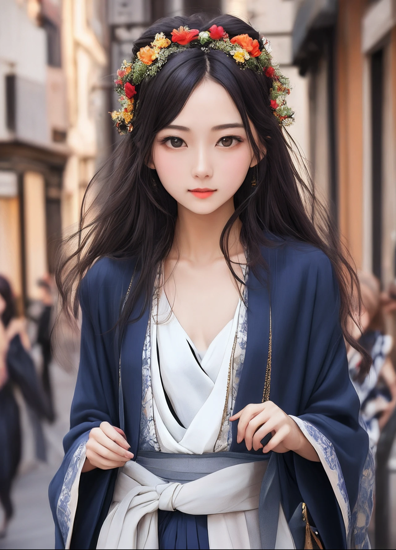Perfect Style、1womanl、Colossal tits、A dark-haired、a small ornament on the head,,、high-detail、A slender、二重まぶた、Clear eyes、Hakama、((top-quality、8K、​masterpiece：1.3))、foco nítido：1.2、Beautiful Women in Perfect Style：1.4、Slender Abs：1.2、(natural soft light、City Street:1.1)、Highly detailed facial and skin texture、A detailed eye、二重まぶた、