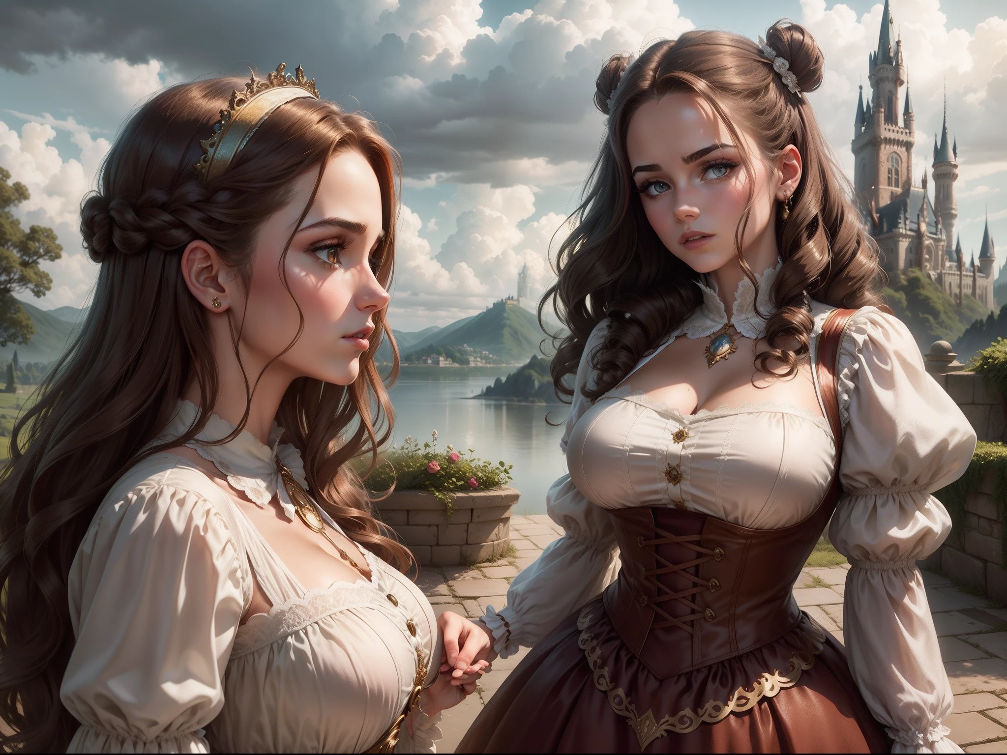 beauty and the beast, the girl have big breasts ( vintage dress, brownish hair, wavy hair, jewelry), the beast have muscular body in vintage dress, the background is a castle, cinematic, cloudy bright sky, dramatic.