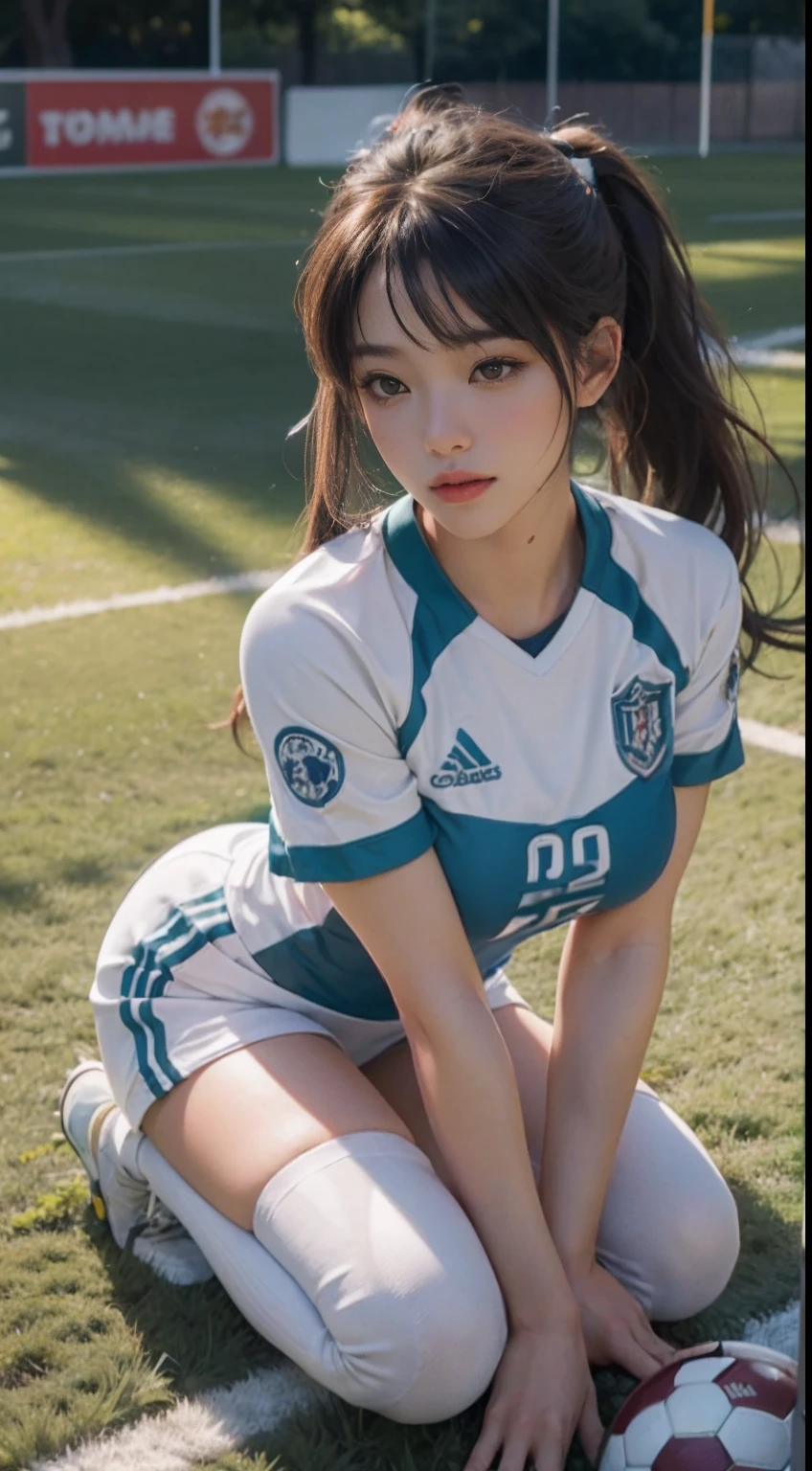 (8K、Top quality、masterpiece:1.2)、(realism、Photorealistic:1.37)、Extremely detailed、Top quality、Ultra-high resolution、Professional lighting、Photon Mapping、Radio City、Physically Based Rendering、light、play soccer、Depth of Field,Focus,Sunlight,Well structured,(Background blur:1.2),1 girl,(whole body),(shut your mouth),beautiful eyes,Obscene pose,Zoom out,Football Jersey,Dark brown hair,Beautiful straight hair,Ponytail(ulzzang-6500:1.2) Mix 4, High body、Sweaty beauty、Full breasts、Beautiful woman in Football Jersey、Sexy and hot、Realistic photos、football field、Exquisite facial details、Beautiful and perfect