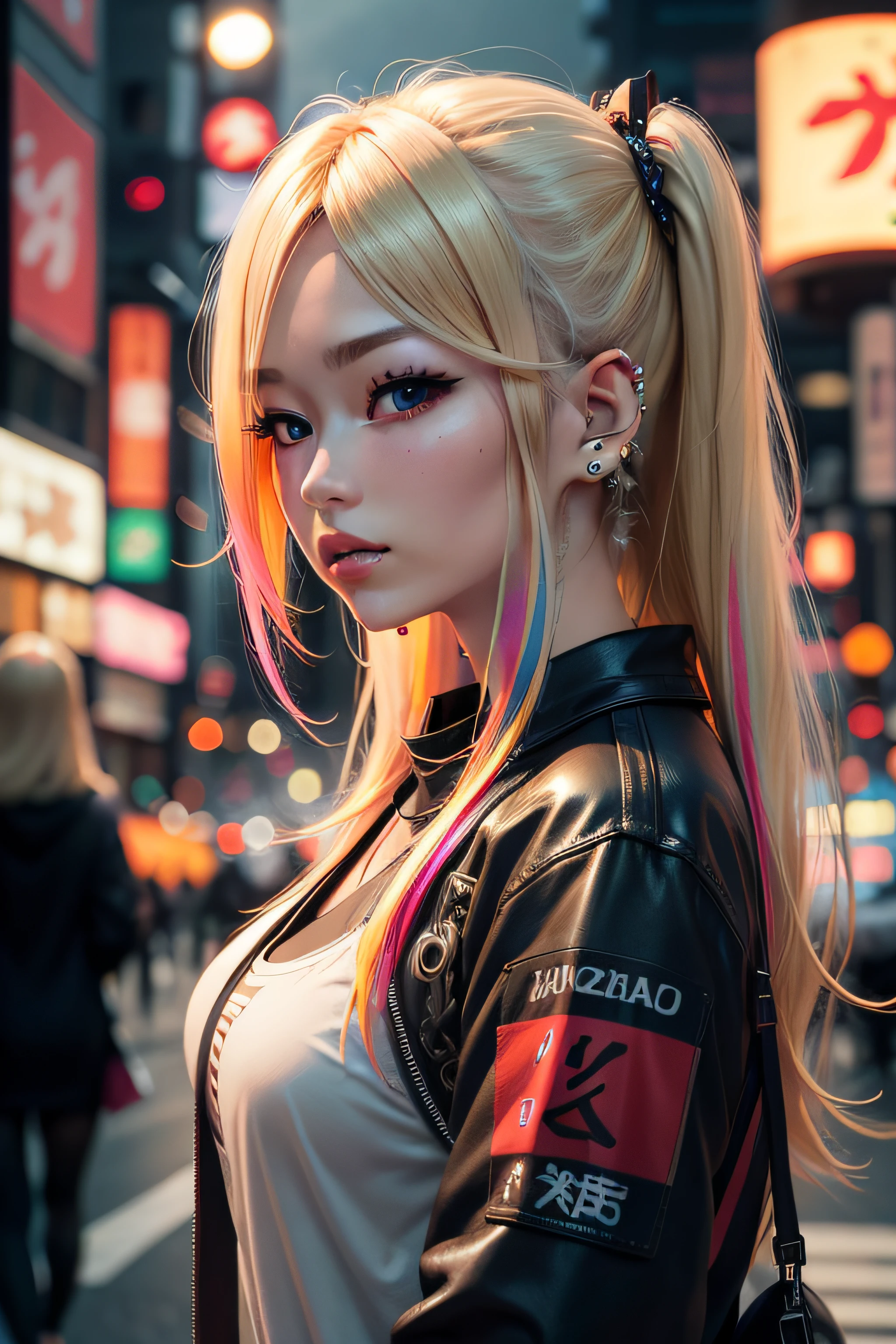 Masterpiece of High Quality, Best Quality, A Lone Woman, Trembling Heart, Long Hair in Twin-Tails and Loose Around the Face, Stylish Street Clothes, A Vibrant and Lively City, Outdoors at Night, Impressive Cinema Poster, Extremely Detailed 8K Image, Soft and Realistic, Ultra High Resolution, Cinematic Lighting with Ambient Occlusion, High Definition in 2K, 4K, 8K and 16K.