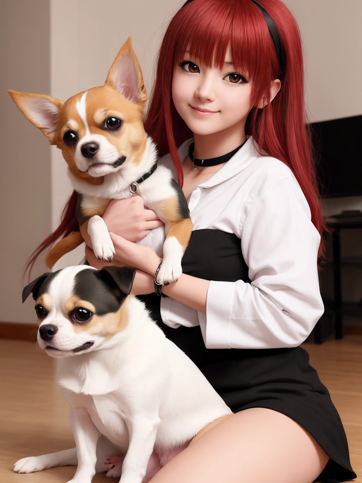 I want to make an anime model of myself holding my dog. I'm white with black roots and bright red hair. My dog is a small chihuahua with a brown head. Her body is white and black.