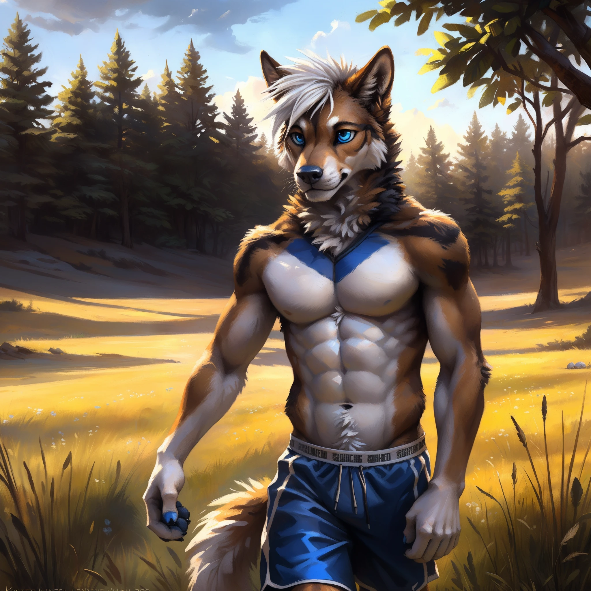 ((Solo)), male people, anthro wolf, (Multi-colored fur, Black White Taupe:1.3), ((Dog face, White hair, Big eyes, White eyelids, Blue pupil, Slim:1.2) (Tough, Calm expression:1.2)), ((sport:1.1)), Abs, Slim, pinging)), (Correct anatomy), (Work shorts:1.1), (Contoured bones:1.2), naked torso, (detailed outfits), (Realistic fur, Detailed fur texture, labeled:1.3)), (Natural lighting), Photorealistic, Hyperrealistic, ultradetailed, by Kenket，grass field