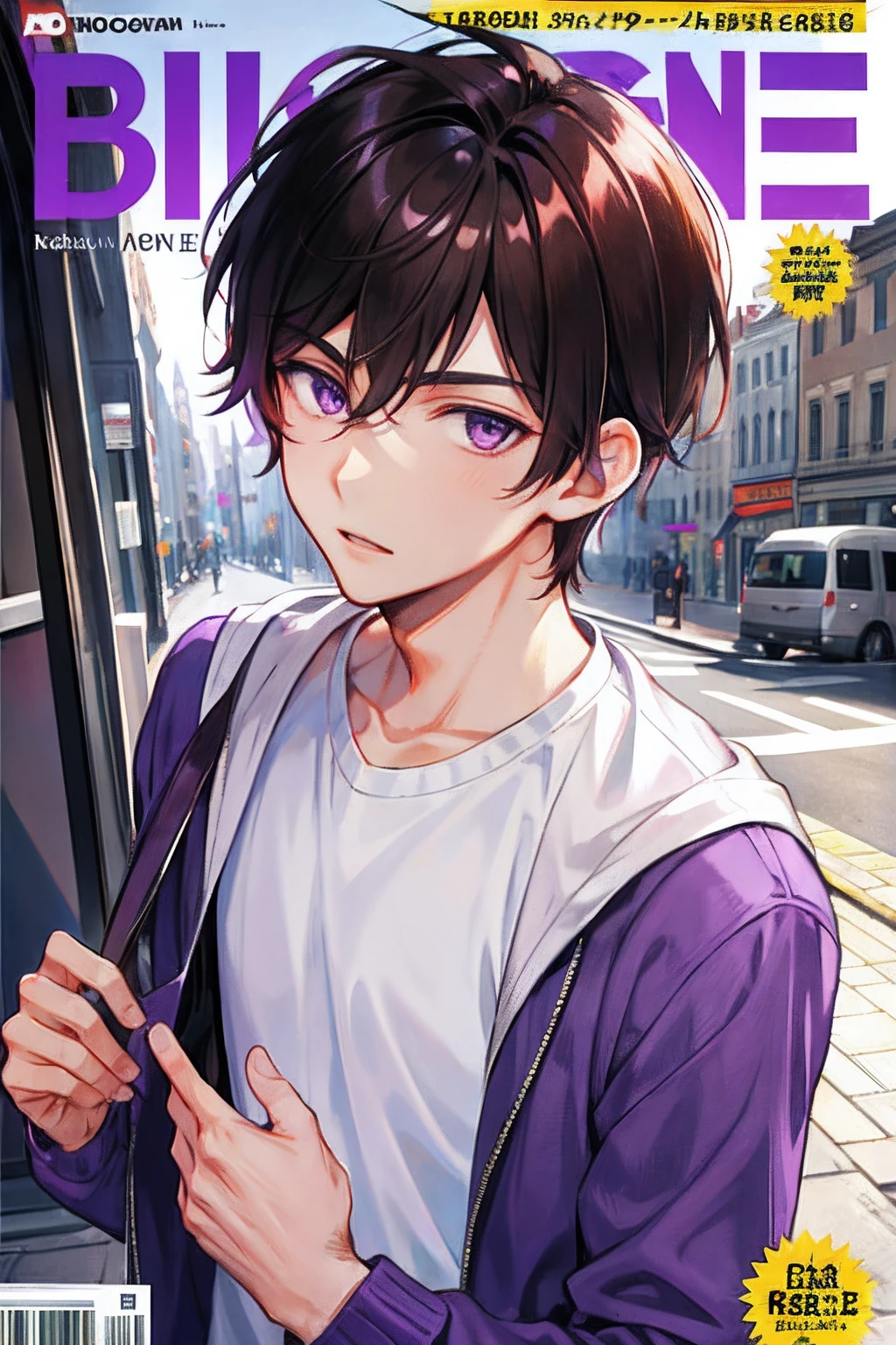 1 boy, handsome boy, brown hair, short hair, hair between eyes, street style,, shiny, purple eyes, looking at viewer, upper body, megazine cover