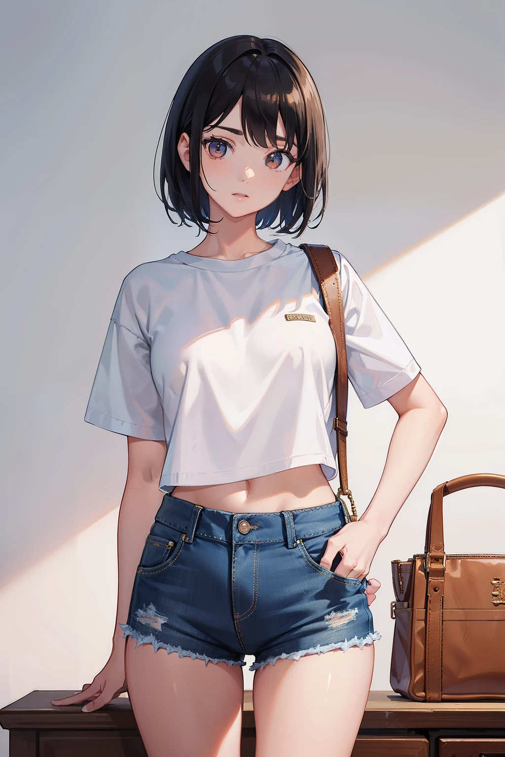 1girll, 独奏, tmasterpiece, Best quality at best, realisticlying, absurderes, looking at viewert, with short black hair, with brown eye,Slender,Dynamic light and shadow,A high resolution,Sharp focus,depth of fields,The eyes are delicate,Sharp pupils,pupil realistic,white short sleeve,C cup,Denim super shorts,Take the whip,upper legs,In the classroom,Stand on the podium