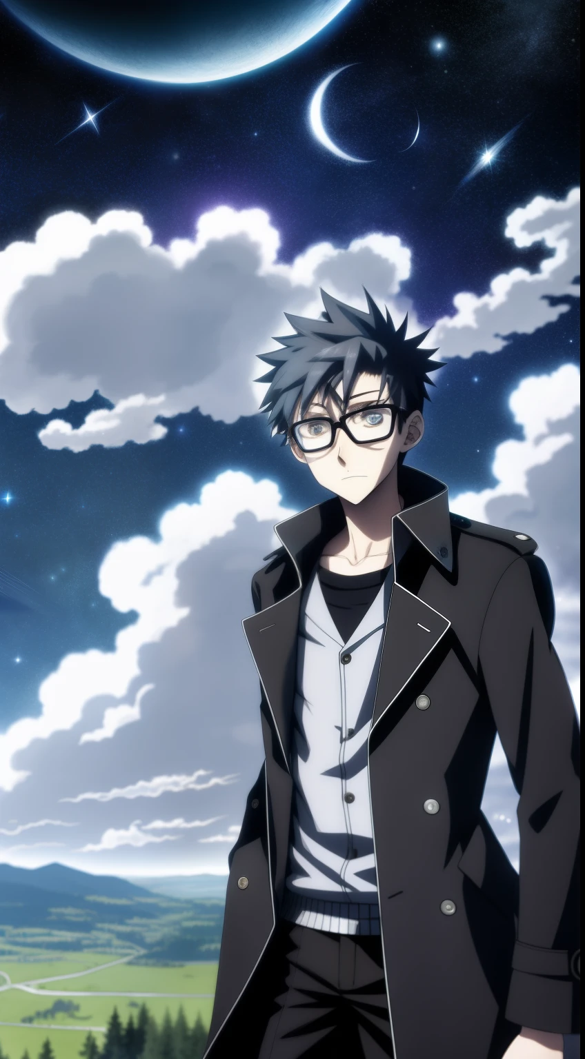 4K，Youth，Glasses man，looking at the stars，hilltop，brunette color hair，Black and gray trench coat，，anime big breast，Boy student，2D，Lazy，nigh sky，Solitude