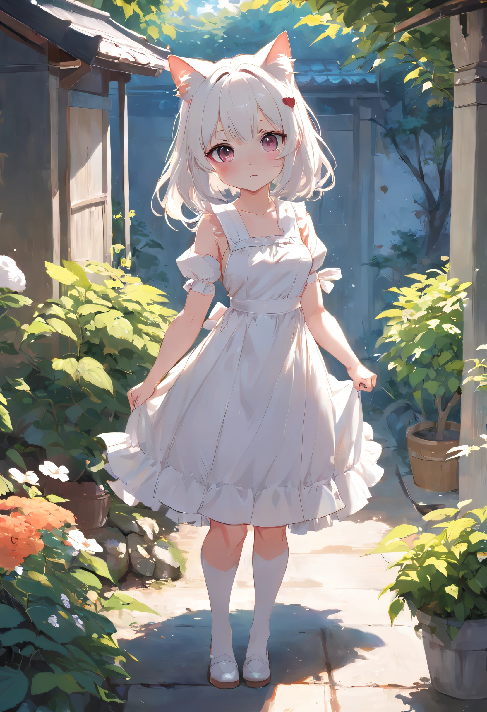 Anime cat-eared girl in white dress standing in garden, Make breakfast, in dress, small curvy lolitwork in the style of guweiz, guweiz on pixiv artstation, guweiz on artstation pixiv, guweiz, small loli giroft anime illustration, Anime visuals of cute girls, Detailed Digital Anime Art