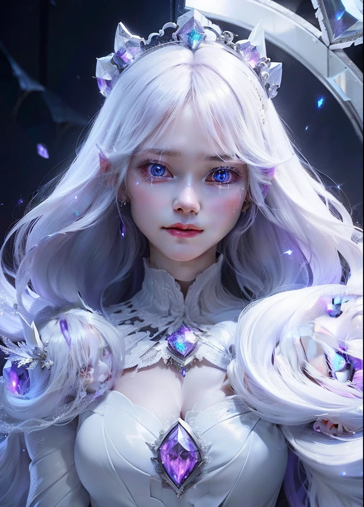 Female, beautiful,long white hair , crying,Trapped inside a broken mirror,Wearing clothes made of purple crystals, a hollow chest that emits death magic , realistic, ultra detail, perfect face, perfect eyes,8k, ultra HDR, photography,Wears a mirror crown,best quality, blue diamond dress ,full body , white dress