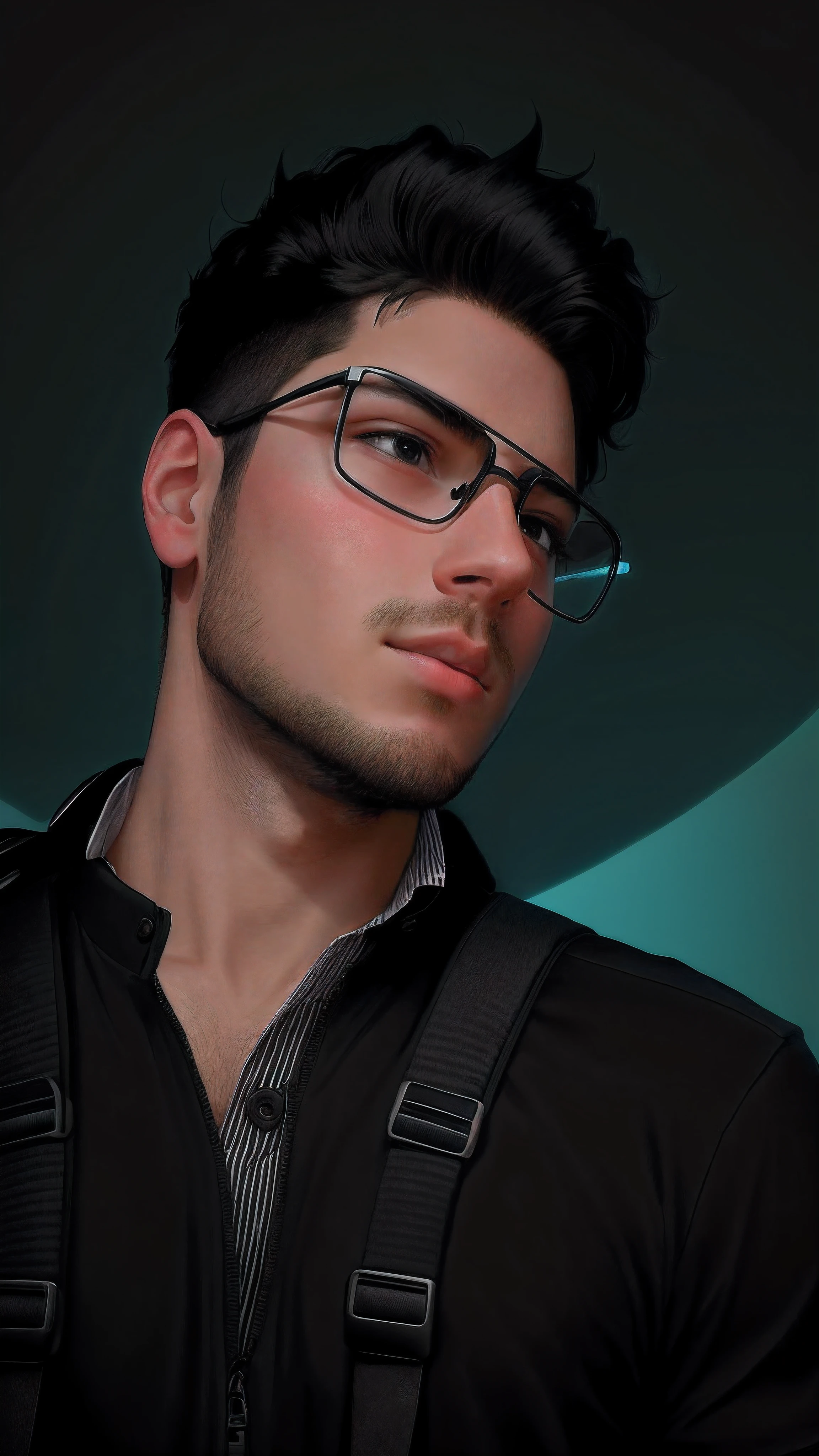 Cute young man wearing a backpack and black shirt, cartoon-style visuals in vivid resolution of 4K --auto --s2