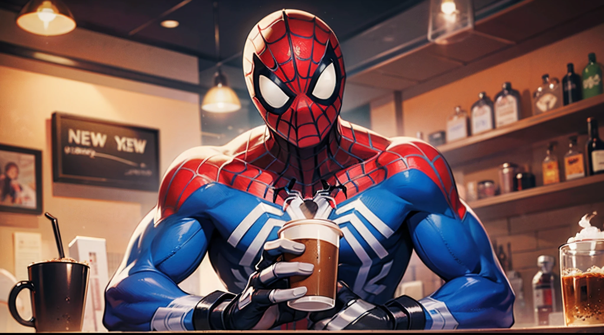 Spider-Man drinking coffee in coffee shop with iron in action scene on city New York. --auto --s2