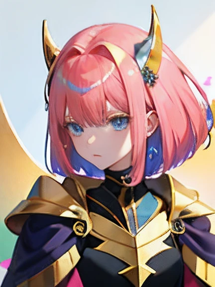 haman karn、One lady、europian、Pink hair、golden hair ornaments、blue eyess、Golden shoulder rest、Black clothes with yellow patterns、((masterpiece:1.2))、((Top image quality:1.2))